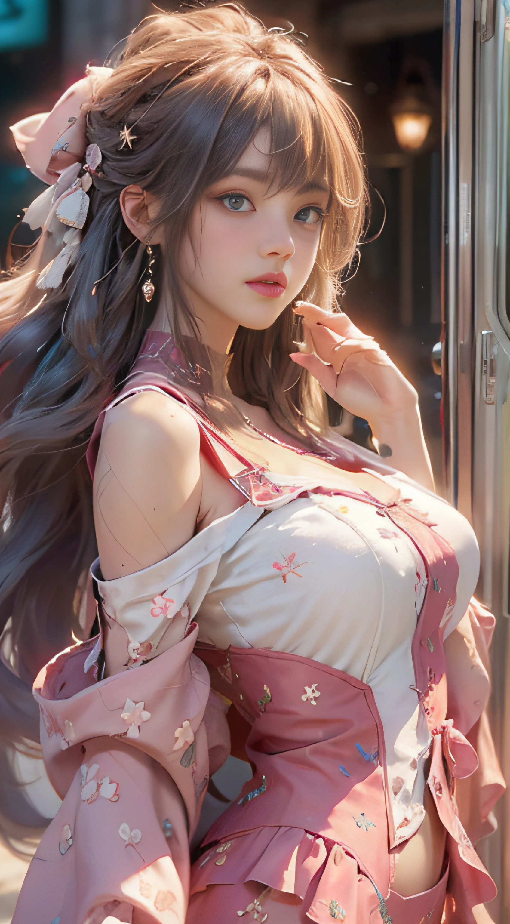 ((best qualtiy)), ((tmasterpiece)), (Detail:1.4), 3D, Beautiful cyberpunk female images,hdr(HighDynamicRange),Ray traching,NVIDIA RTX,Hyper-Resolution,illusory 5,sub surface scattering,PBR textures,post-proces,Anisotropy Filtering,depth of fields,maximum definition and sharpness,Many-Layer Textures,Albedo e mapas Speculares,Surface Coloring,Mitsu-Accurate simulation of material interactions,perfectly proportioned,rendering by octane,Two-colored light,largeaperture,Low ISO,White balance,Rule three points、8K raw data、Beautiful bright blue pupils,off-the-shoulder clothes,Fine pupils,Delicate face and eyes,long eyelasher,Blushlush,Delicate and fluffy hair,pink lip,Pure,cute big breasts,Sweet girl,Artistic sense,Casual wear,Advancedsense,butterflys,Cherry blossom petal,Beautiful hair accessories,Long hair and waist,Hair fluttering in the wind
