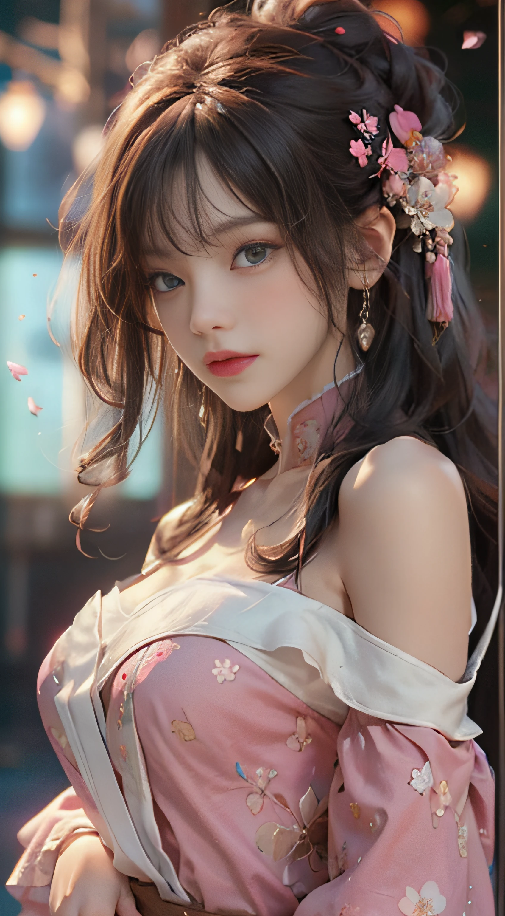 ((best qualtiy)), ((tmasterpiece)), (Detail:1.4), 3D, Beautiful cyberpunk female images,hdr(HighDynamicRange),Ray traching,NVIDIA RTX,Hyper-Resolution,illusory 5,sub surface scattering,PBR textures,post-proces,Anisotropy Filtering,depth of fields,maximum definition and sharpness,Many-Layer Textures,Albedo e mapas Speculares,Surface Coloring,Mitsu-Accurate simulation of material interactions,perfectly proportioned,rendering by octane,Two-colored light,largeaperture,Low ISO,White balance,Rule three points、8K raw data、Beautiful bright blue pupils,off-the-shoulder clothes,Fine pupils,Delicate face and eyes,long eyelasher,Blushlush,Delicate and fluffy hair,pink lip,Pure,cute big breasts,Sweet girl,Artistic sense,Casual wear,Advancedsense,butterflys,Cherry blossom petal,Beautiful hair accessories,Long hair and waist,Hair fluttering in the wind