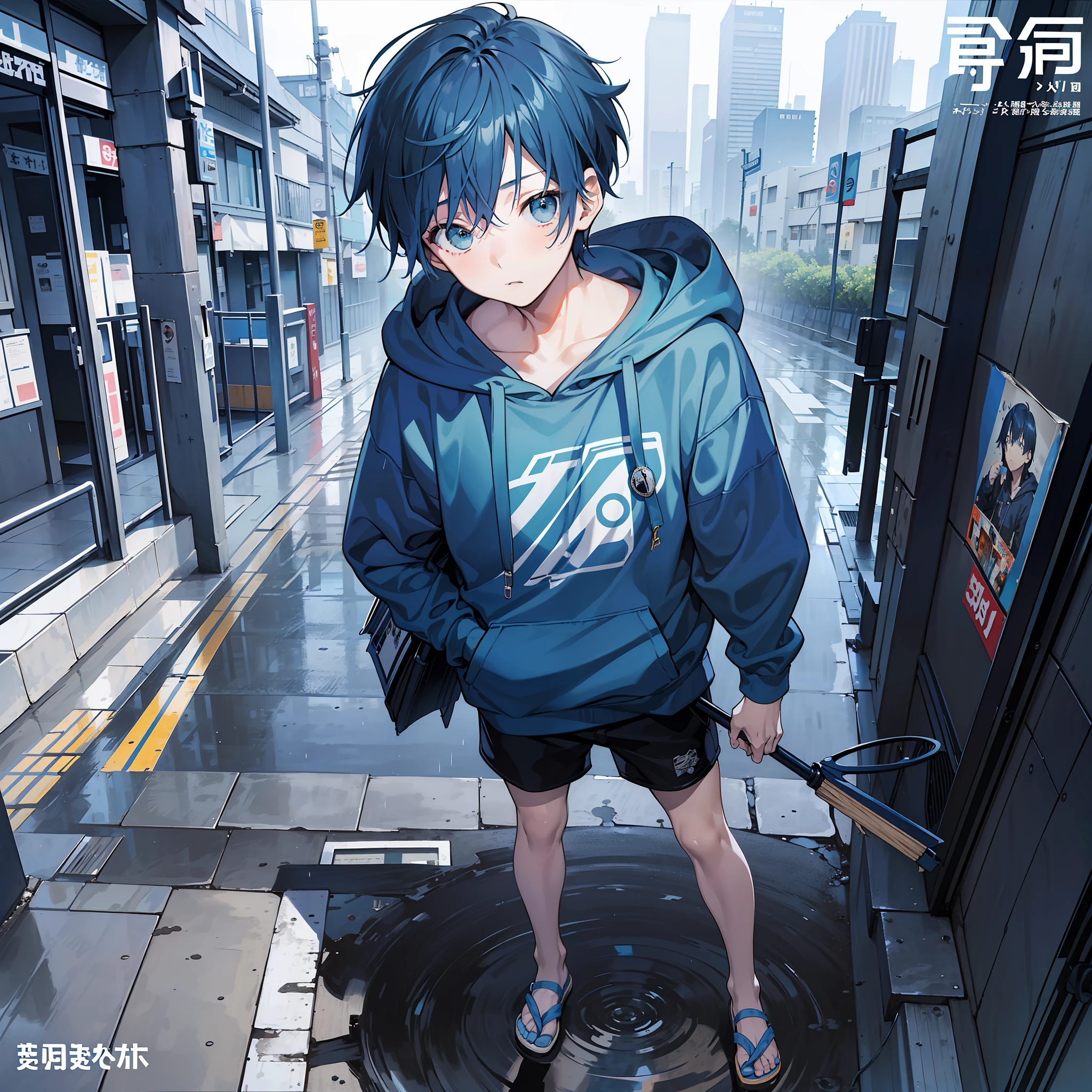 masterpiece, best quality, full body, (1boy), (blue hoodie), (Boy Messy Japanese Round Haircut for Thick Hair), (blue hair), black shorts, (solo), (magazine:1.3), (cover-style:1.3), fashionable, City, holding a gray umbrella, rain