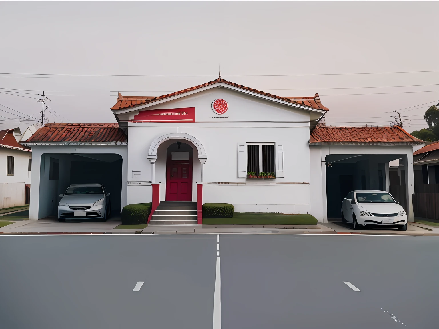 There is a white house with a red roof and a red roof, imagem frontal, Vista frontal, vista frontal, casa completa, vista exterior, vista externa, Frente, imagem central, uma casa, visto de fora, Front view, old building, building facing, Vista frontal, casa velha, foto frontal, Frontal, Villa Interdimensional, imagem real