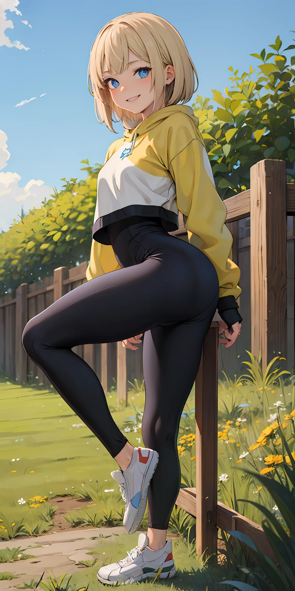 best quality, masterpiece, small breasts, smile, sweatshirt, leggings, outdoors, anime style, grass field, daytime, blue sky, blue eyes, detailed eyes, medium hair, blonde hair, loose hair, bangs, ass, open legs,