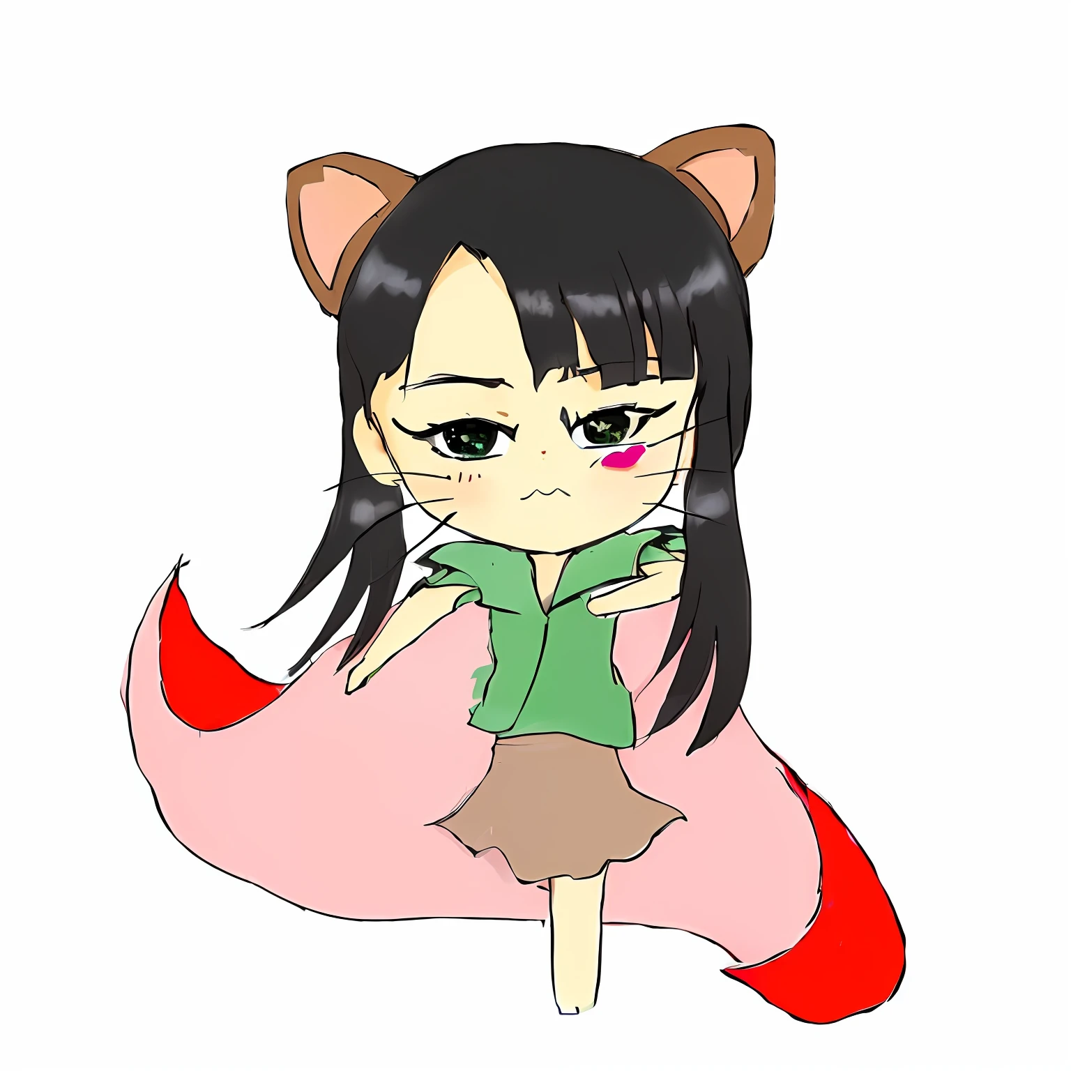 Anime girl with black hair and green shirt and pink skirt, anime catgirl, Cute!! Chibi!!! catgirl, Nekomimi, ahri, cute anime catgirl, anime cat, Cat Girl, fox nobushi, Chibi, catgirl, foxes, Very Beautiful Anime Cat Girl, In anime style, beautiful anime catgirl, mitsumayo