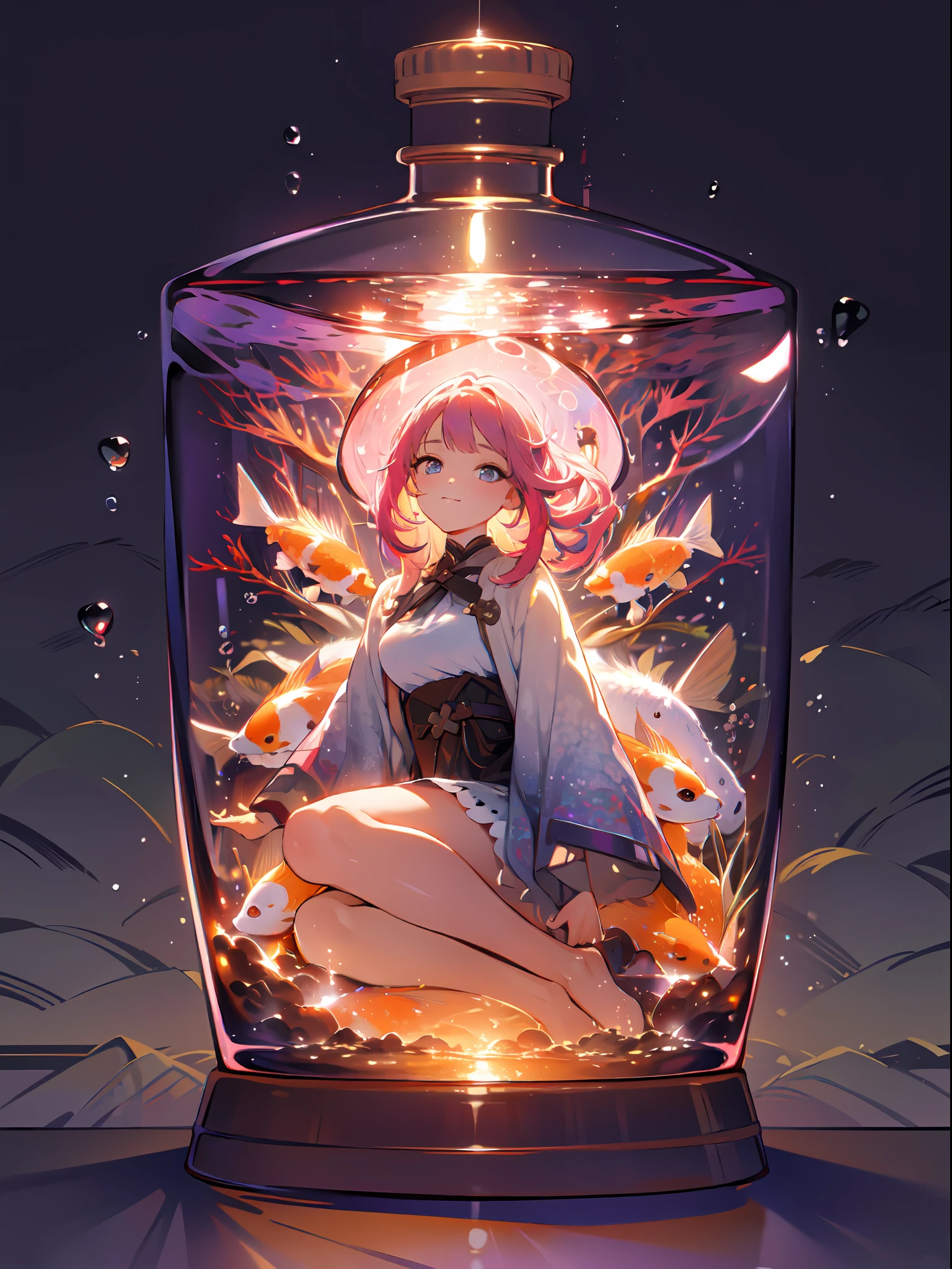 perfect eyes:1.2, detailed eyes:1.4, smile, sitting, air bubble, (masterpiece:1.6, best quality), phgls, /bottle, in container, (finely detailed beautiful eyes: 1.2), 1girl, solo, big breasts, purple hair, pink hair, two-tone hair, underwater, floating hair, (((masterpiece))),(((best quality))),(((extremely detailed))), illustration, mysterious, vivid color, shiny, full body, barefoot, long hair tranquil nature, koi, Underwater, close up, Dynamic actions, Lens perspective, sit cross-legged and lean against the bookshel, volumetric lighting, multi-color eyes, detailed eyes, hyper detailed, light smile, highly detailed, beautiful, small details, ultra detailed, best quality, intricate, 4k, 8k, trending on artstation, good anatomy, beautiful lighting, award-winning