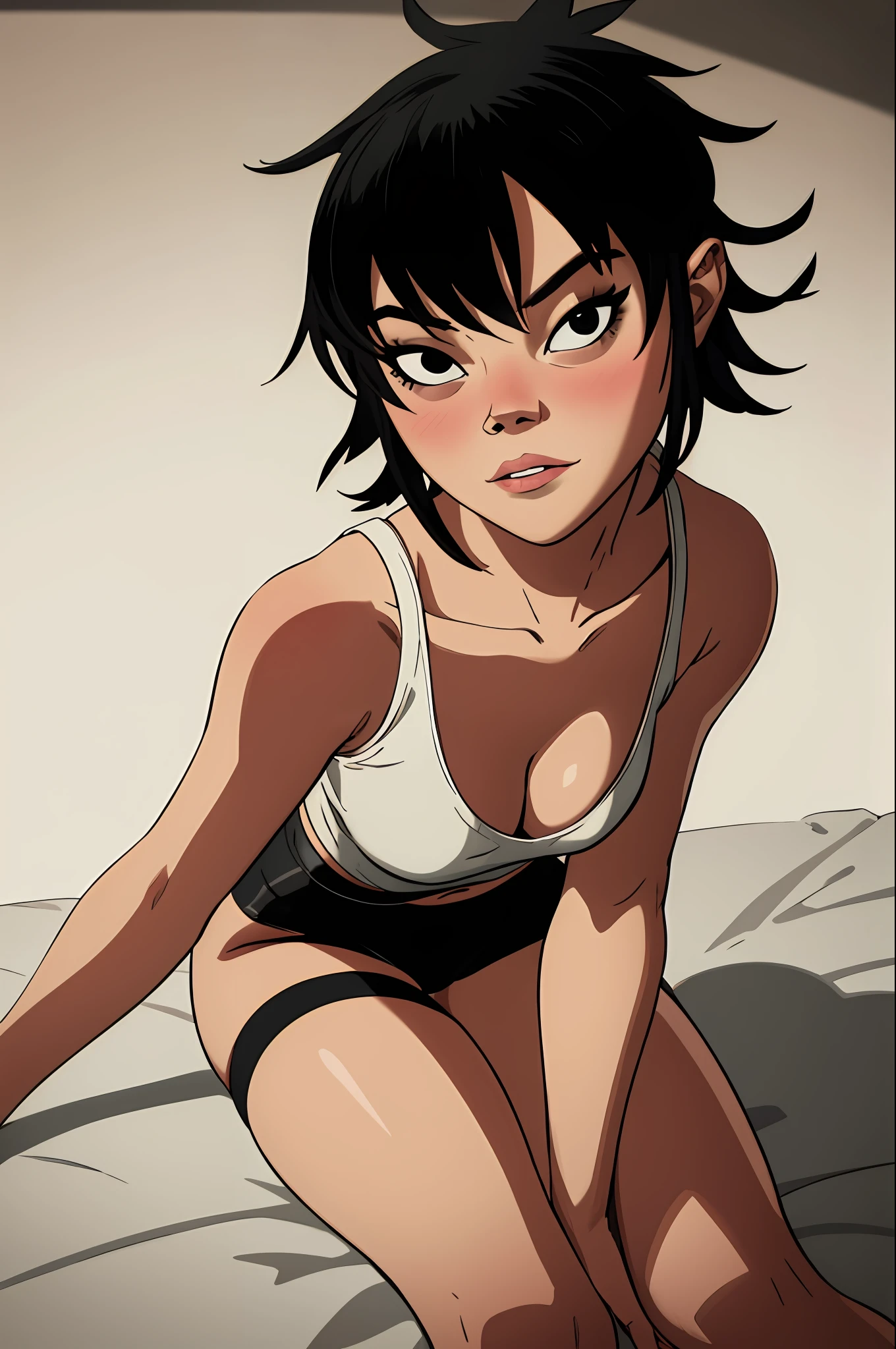 (masterpiece, best quality:1.2),  noodle (gorillaz), 1girl, black hair, solo, black eyes, short hair, bob cut, Loli, small breasts, (parted lips:1.4), (nose blush:1.2), foreshortening, blackcutoffs, (eye contact), high contrast, detailed, breasts visible, Showing breasts, (cinematic lighting), ((high-angle view)), (half body shadow), [backlighting], [crepuscular ray], [detailed ambient light], [gray natural lighting], [ambient light on the belly], (higher wildlife feral detail), [explict content], [sharp focus], (questionable content), (shaded), Commission for High Res, detailed image, bright colors, detailed face, perfect lighting, perfect shadows, perfect eyes, girl focus, flawless face, gorgeous body, shiny body, center focus, gaze at the viewer, 1girl, solo, (masterpiece:1.21), (best quality:1.2), (illustration:1.2), (cinematic lighting:1.3), balanced coloring, global illumination, ray tracing, good lighting, cleavage, attractive body, sexy body, SFW, skinny, , youngy city, foreshortening, (seductive pose), looking at viewer, blackcutoffs, (eye contact), masterpiece, high contrast, hyper detailed, best quality, ultra high res, photorealistic, high resolution, detailed, raw photo, sperm, detailed cum, detailed between legs,  (without panties)), (((dynamic pose))), (camel toe), (half), (stockings), (bent knees and legs sitting))