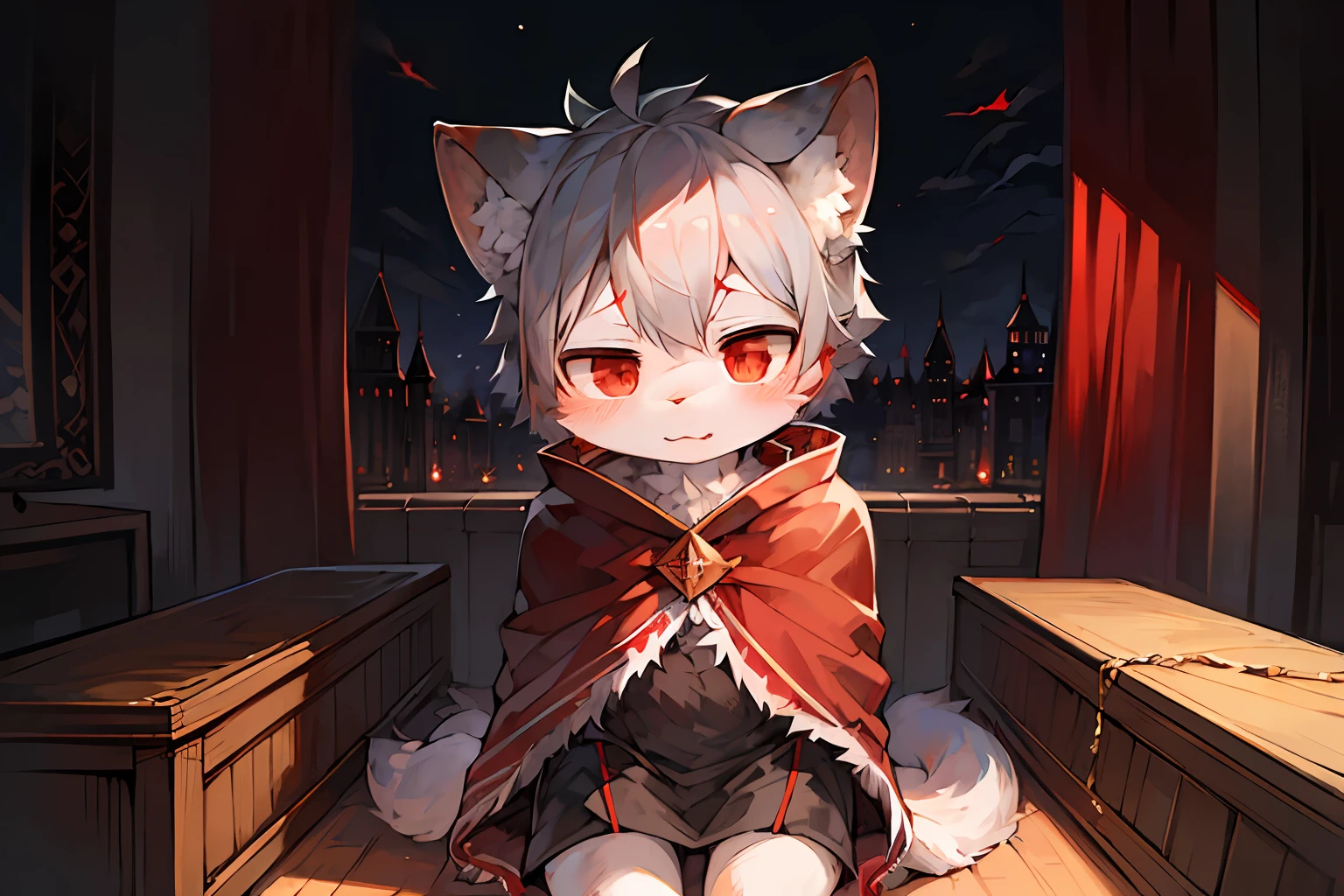 (dark environment:0.8),masterpiece, high quality, absurd res, digital painting \(artwork\), by dagasi, yupa,kiyosan,(anthro,fluffy fur,character focus:1.1),anthro male cat,short hair,portrait, bright eyes,panorama,character focus.(detailed background:0.7),solo,furry,furry male ,male focus,anthr,(Full body fur, fluffy tail, white fur,red eyes,gray hair:1.2),(long canines,vampire, cape:1.2),(interior,night, castle, coffin:1.1)