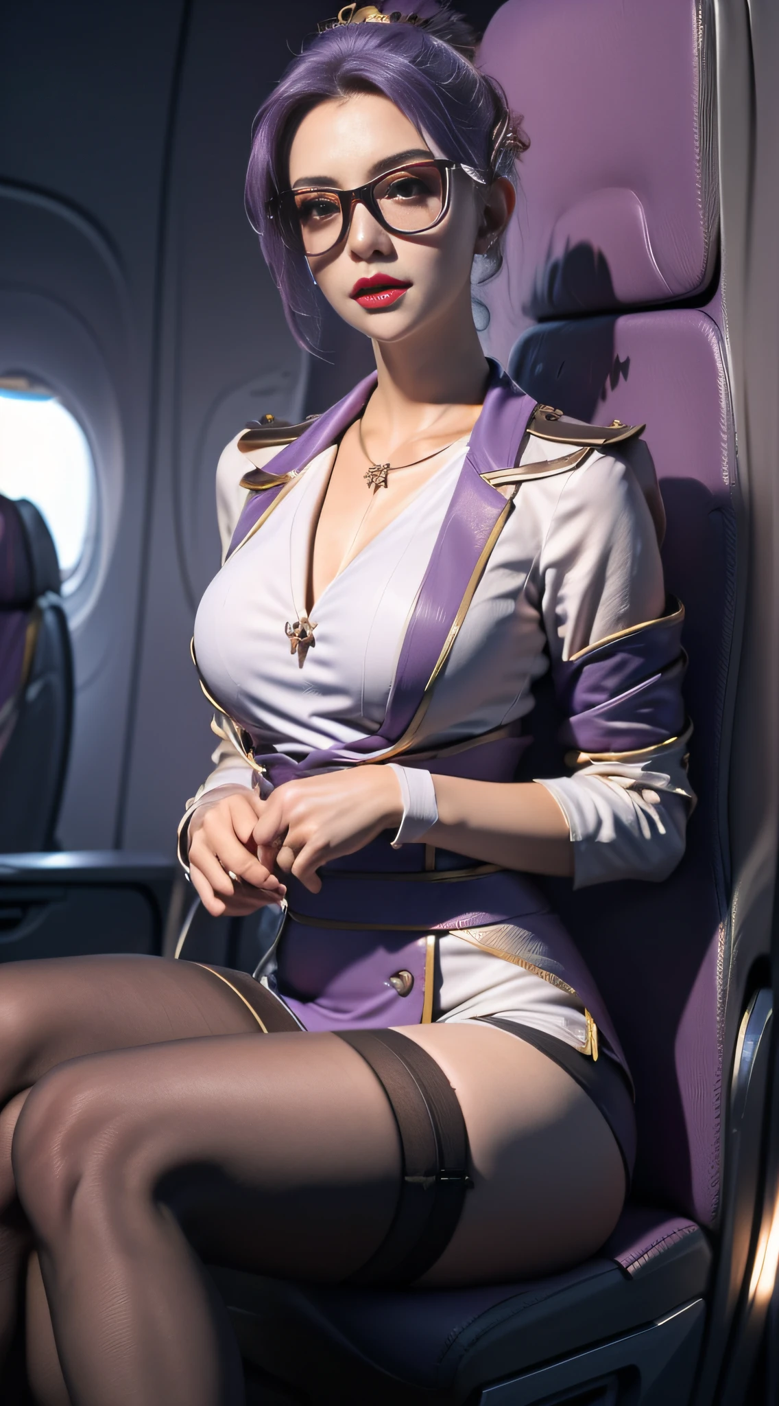 (Best quality: 1.1), (Realistic: 1.1), (Photography: 1.1), (highly details: 1.1), (1womanl), Airline flight attendants,Coat,White shirt,Short skirt,black lence stockings,bent down,In the plane,KafkaHKS,hong kong,Purple eyes, Purple hair, eyewear on head, sunglasses,