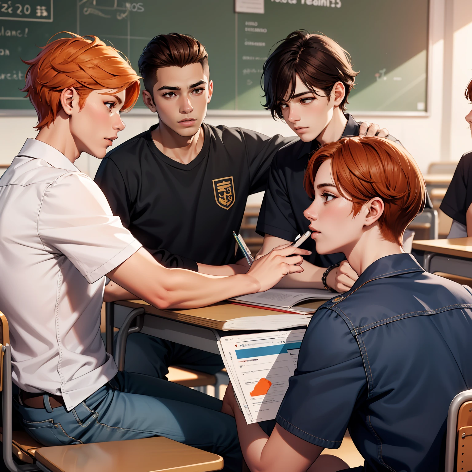 -yelds ihool uniform with brown Latin skin and orange hair, estan en la escuela hablan preocupados hablan sobre algo importante