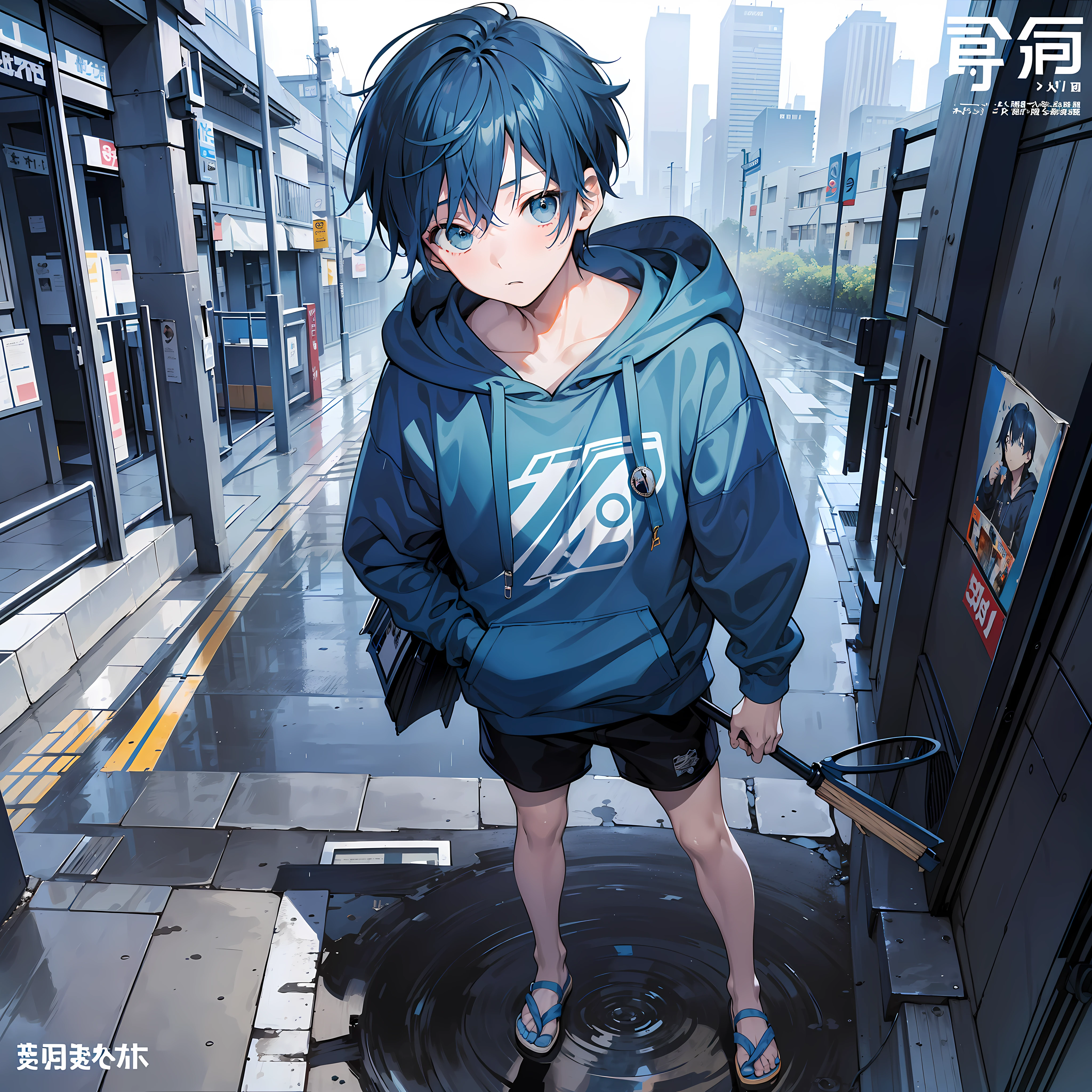 masterpiece, best quality, full body, (1boy), (blue hoodie), (Boy Messy Japanese Round Haircut for Thick Hair), (blue hair), black shorts, (solo), (magazine:1.3), (cover-style:1.3), fashionable, City, holding a gray umbrella, rain
