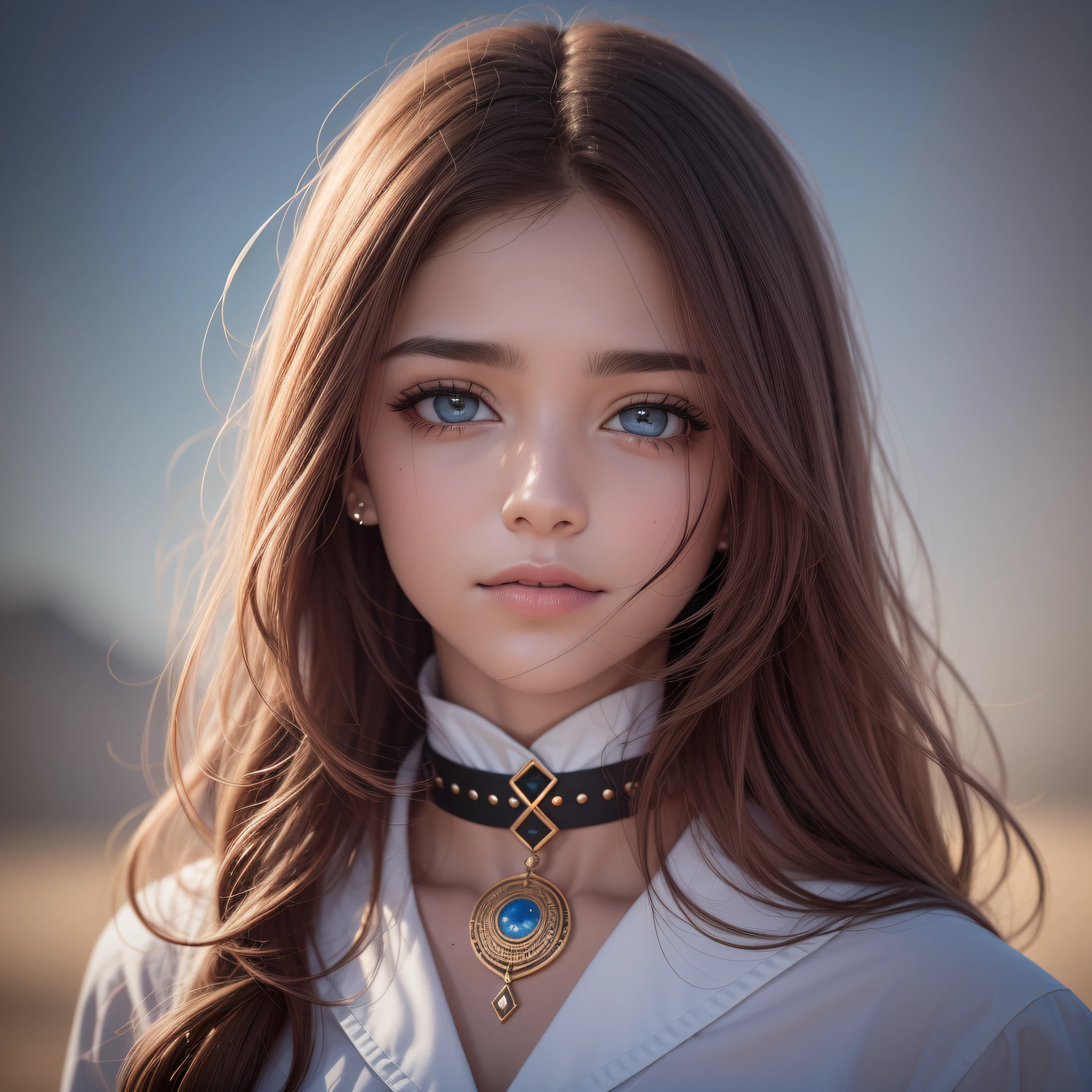 uma jovem, de corpo inteiro, de pele clara, cabelos vermelhos, olhar fixo no espectador, olhos azul safira, boca bem definida, details in the facial expressions, ambientada no meio de nova Iorque, adornments on the neck. Ultra Definition, hiper realista 4K, foto realista, cinematic picture.