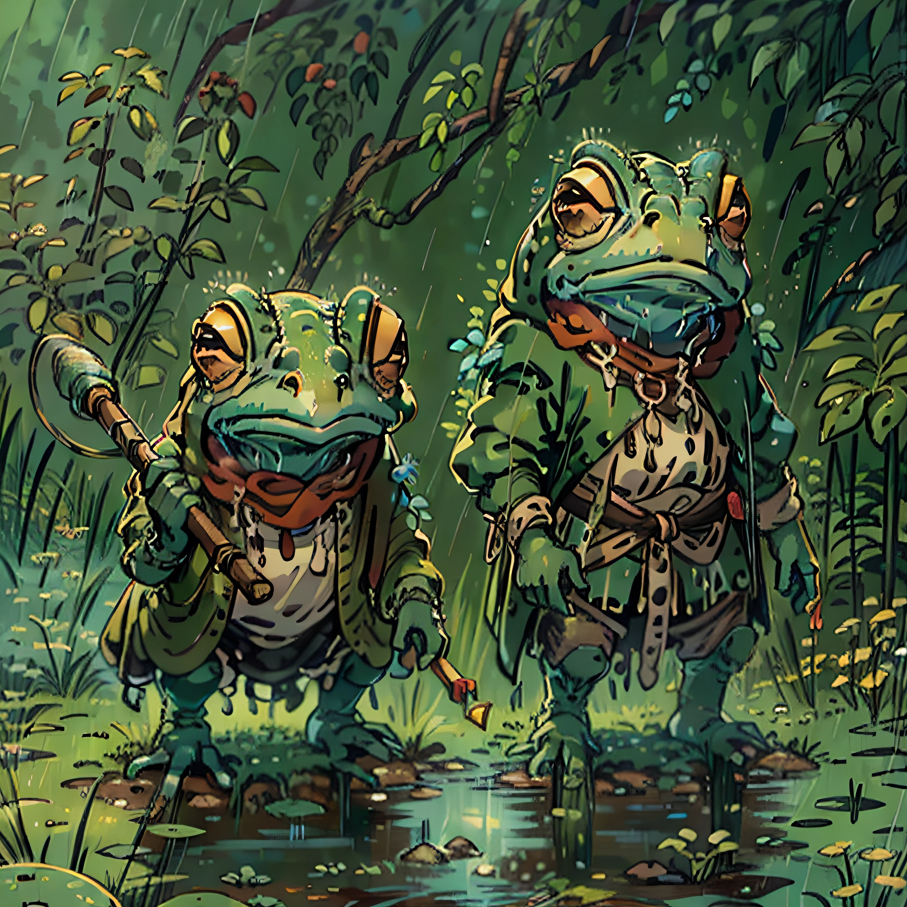 Life as a bullywug is nasty, brutish, and wet. These frog-headed amphibious humanoids must stay constantly moist, dwelling in rainy forests, marshes, and damp caves. (portrait), (one bullywug 1.2), rpg, medievak fantasy