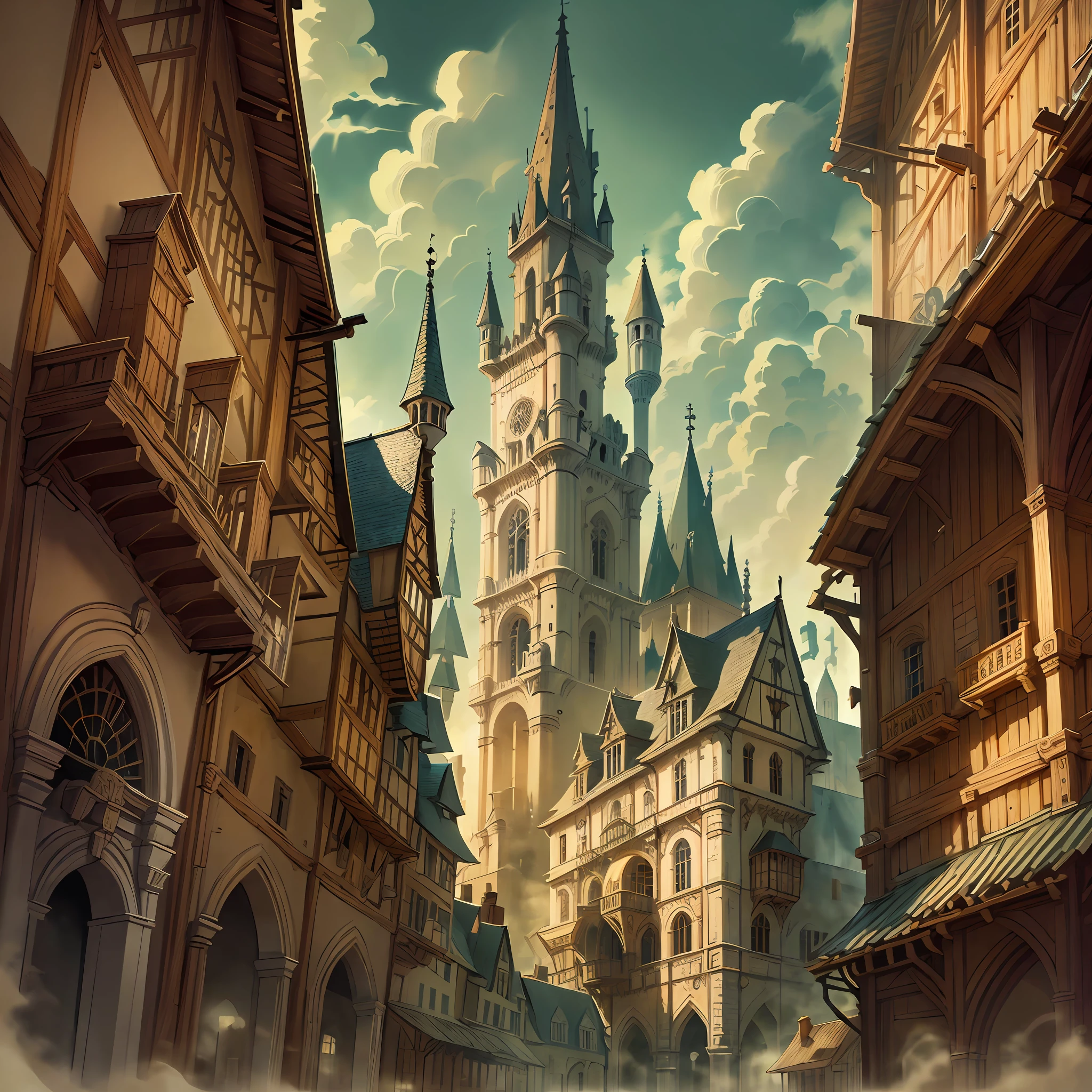 Beautiful illustration of a medieval city hall, medieval citizen, detailed, intricate.