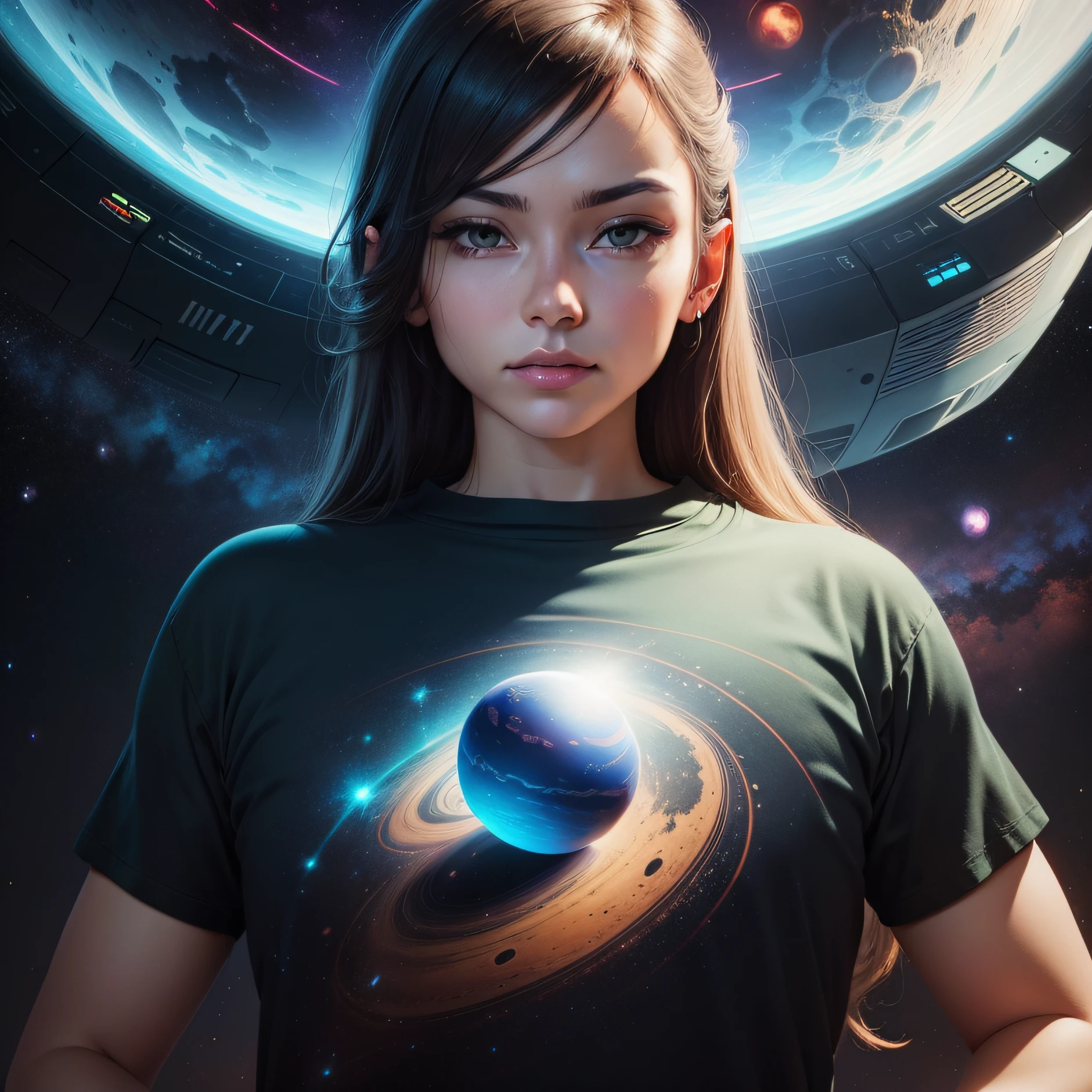"Design a t-shirt print inspired by space travel. Add a futuristic spaceship and a distant planet with shimmering rings in the deep space background."