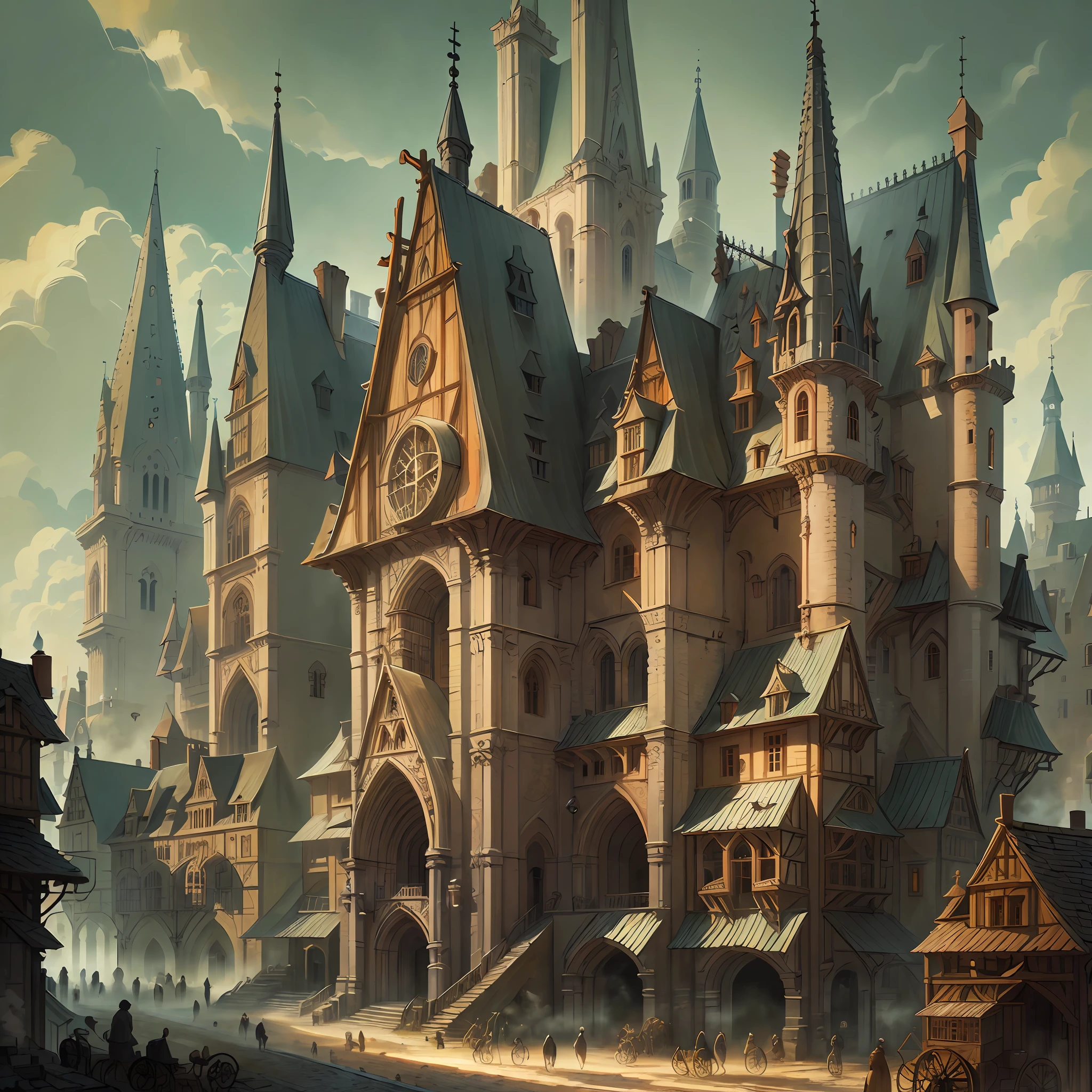 Beautiful illustration of a medieval city hall, medieval citizen, detailed, intricate.