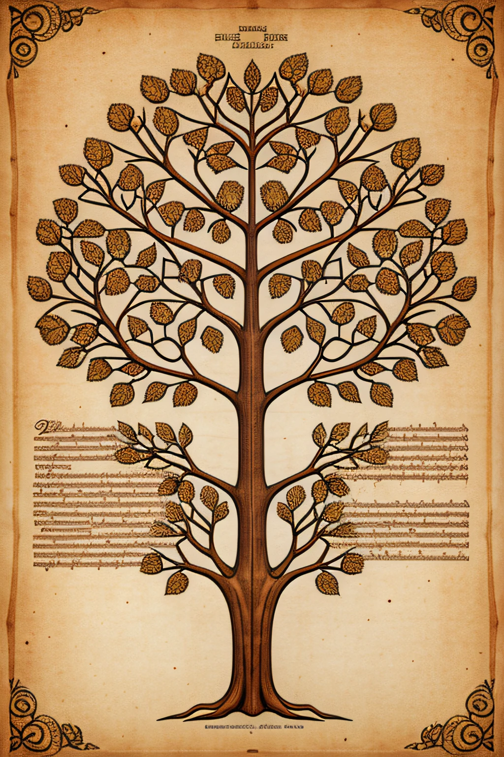 arvore genealogica desenhada em papel, estilo medieval