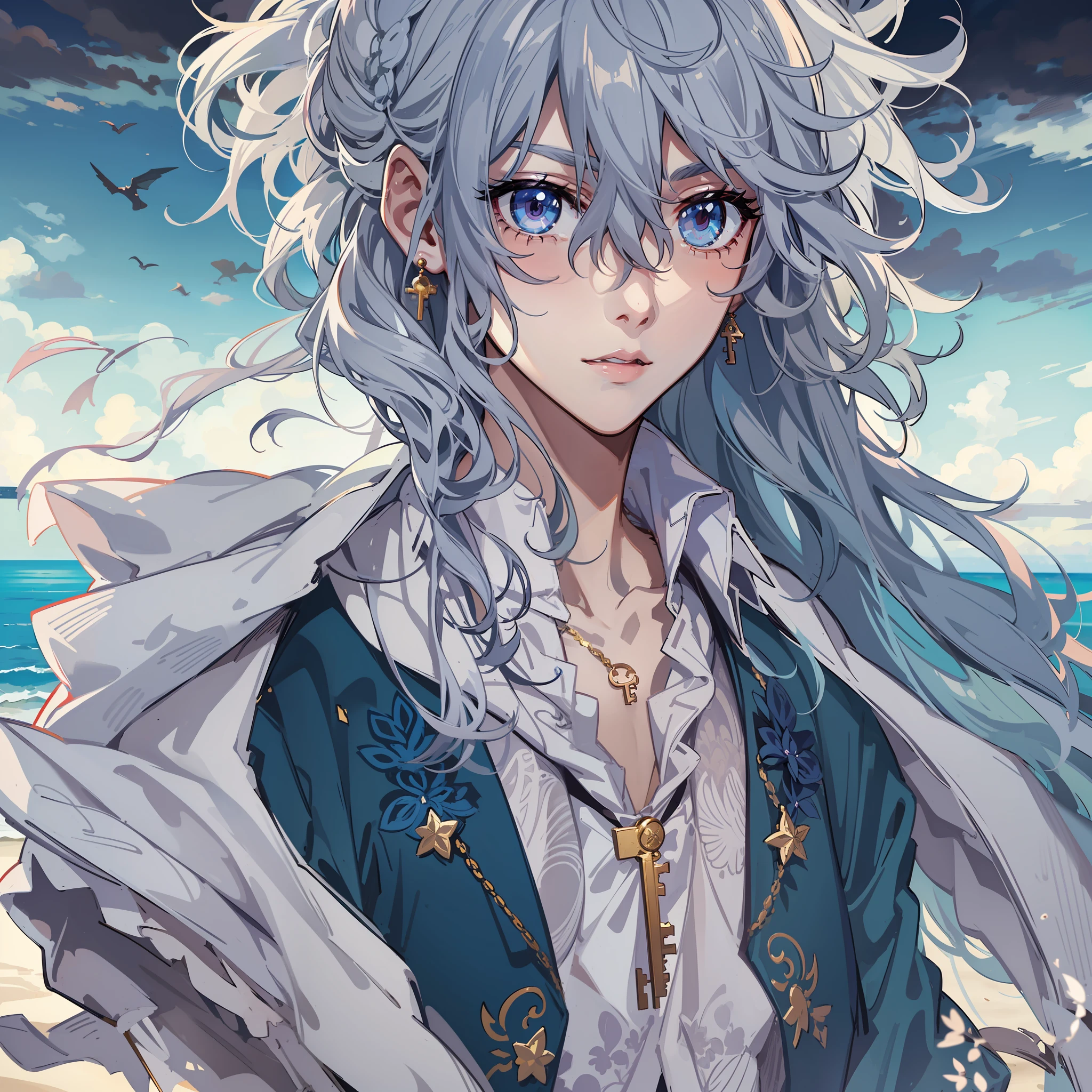Anime character with long hair and tie standing on the beach, Detailed key anime art, Azure. detailed hairs, Fine details. Girl front, nagito komaeda, handsome guy in demon killer art, highly detailed exquisite fanart, ((wearing aristocrat robe)), offcial art, profile shot of rimuru tempest, Delicate androgynous prince