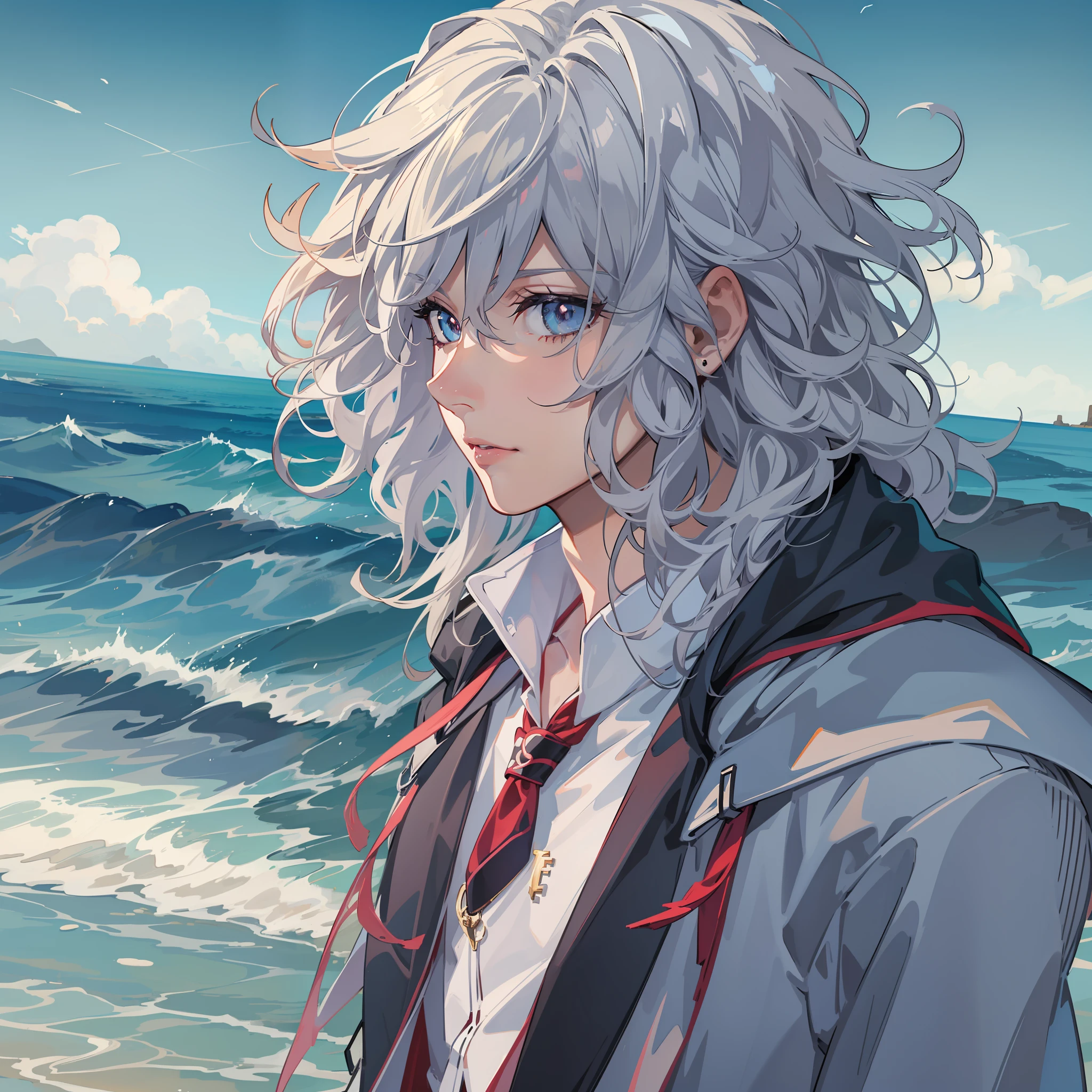 Anime character with long hair and tie standing on the beach, Detailed key anime art, Azure. detailed hairs, Fine details. Girl front, nagito komaeda, handsome guy in demon killer art, highly detailed exquisite fanart, ((wearing aristocrat robe)), offcial art, profile shot of rimuru tempest, Delicate androgynous prince