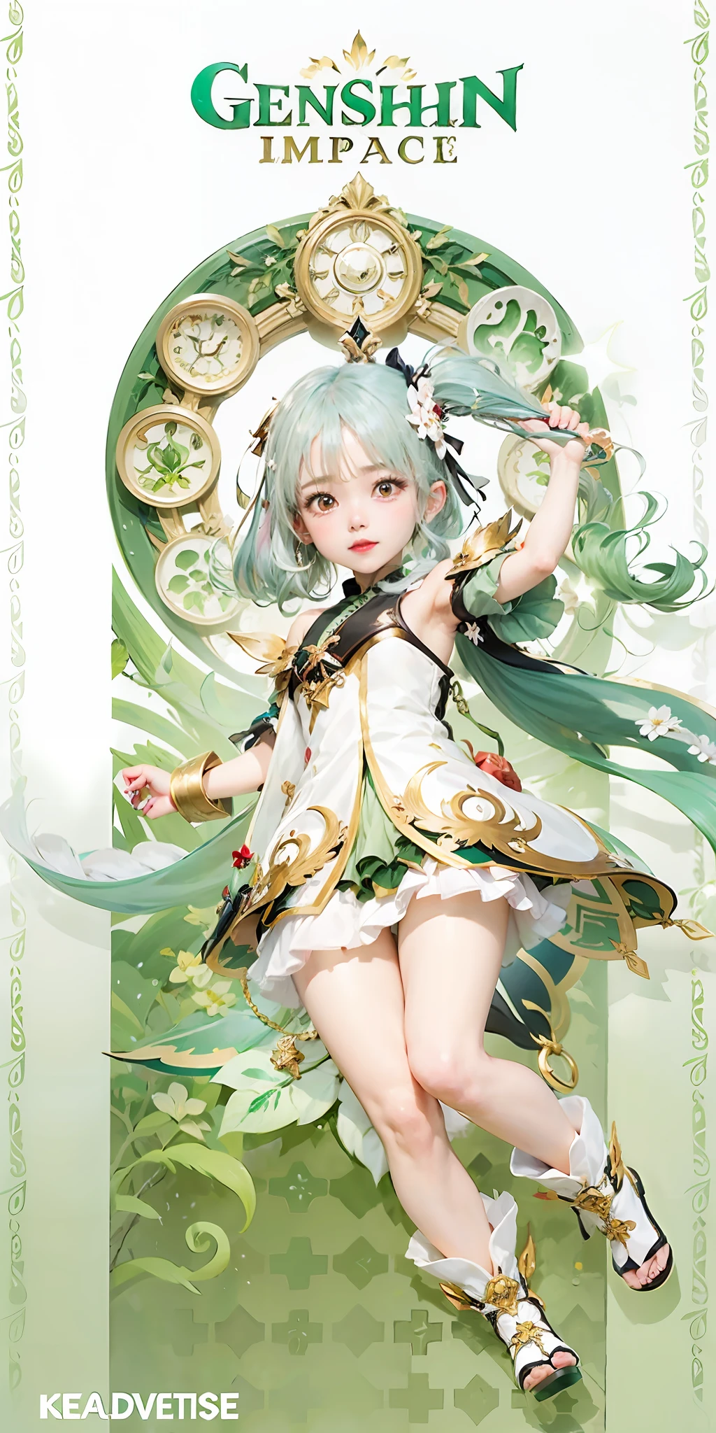 uma imagem dos desenhos animados de uma com um vestido verde e uma capa verde, Impacto de Ayaka Genshin, splash arte anime loli, oficial altamente detalhada, arte oficial do personagem, Cute anime waifu in a nice dress, arte oficial do anime, Keqing de Genshin Impact, divindade de cabelos brancos, Arauto Esmeralda, Arte Oficial, estilo shadowverse, deusa anime