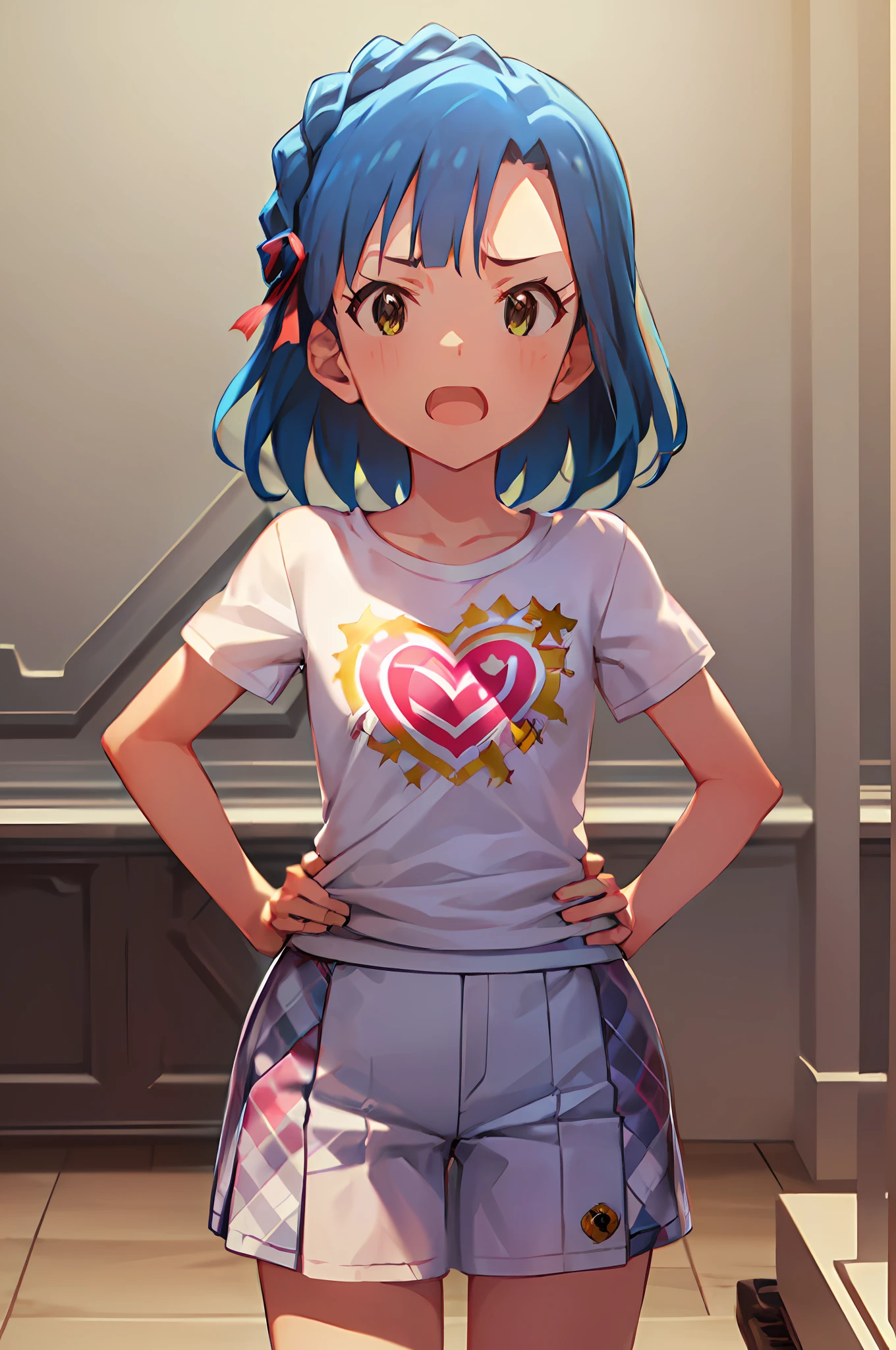yuriko nanao (million live). Short stature. (((white t-shirts))).(((Skirt))).(((masterpiece))).(((best quality))).((Ultra-detailed))).(((illustratio))).(((put hands on the hip))).(((a room))).(((make a fist))).(((up chest))).Despair face.(((short-hair))).((Medium chest)).((Opening Mouth)).((Heart on chest))