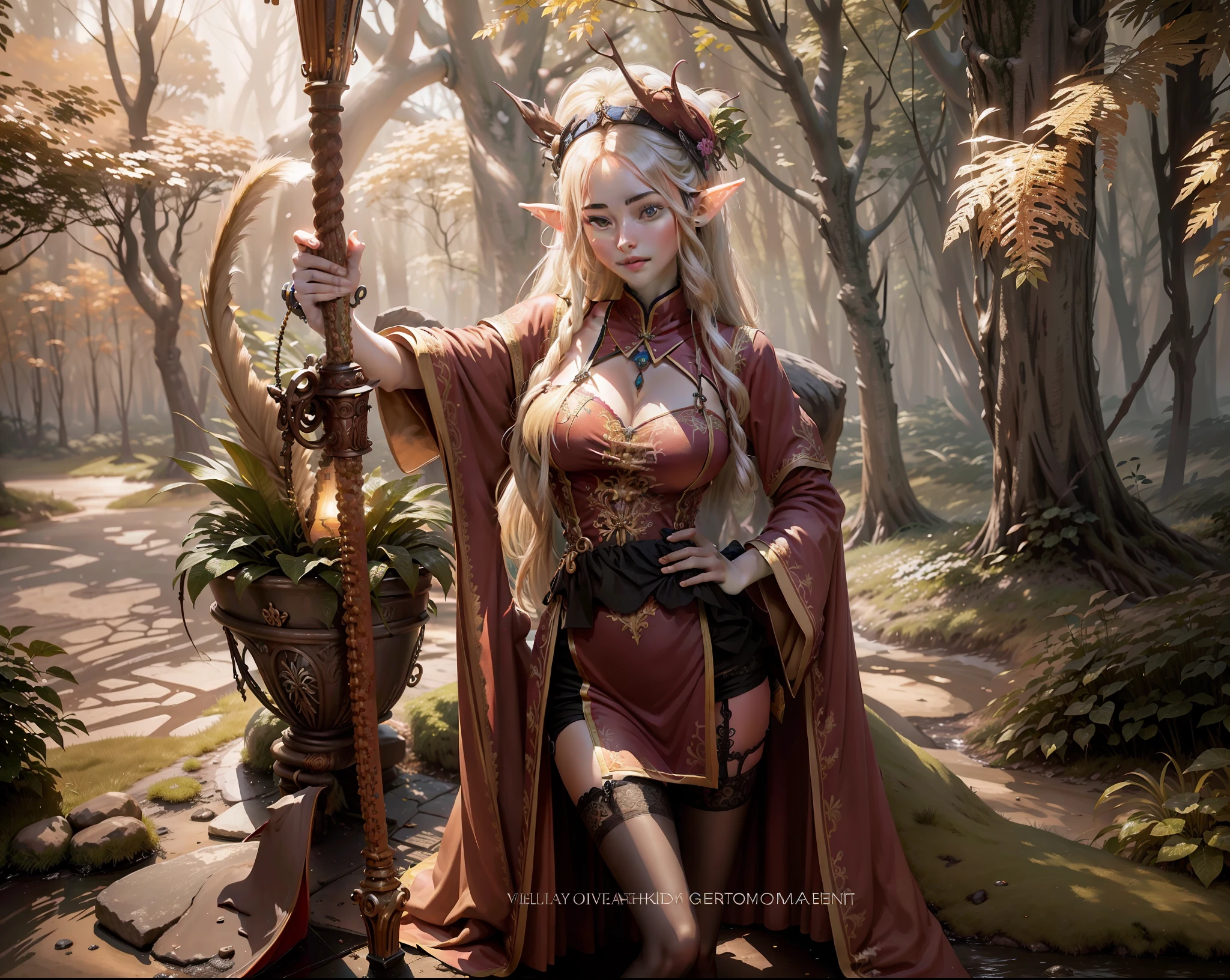(8K,RAW photos,best qualtiy,tmasterpiece:1.2),(realisticlying,Photorealistic and realistic:1.37),Hyper-detailing,超高分辨率,1个Giant Breast Girl,Staff,Red brocade robe,looki at viewer,beautifull detailed face,cabellos largos dorados,the elf,show,ssmile,teeth,Tall and tall,pantiess,profesional lighting,exteriors,ln the forest