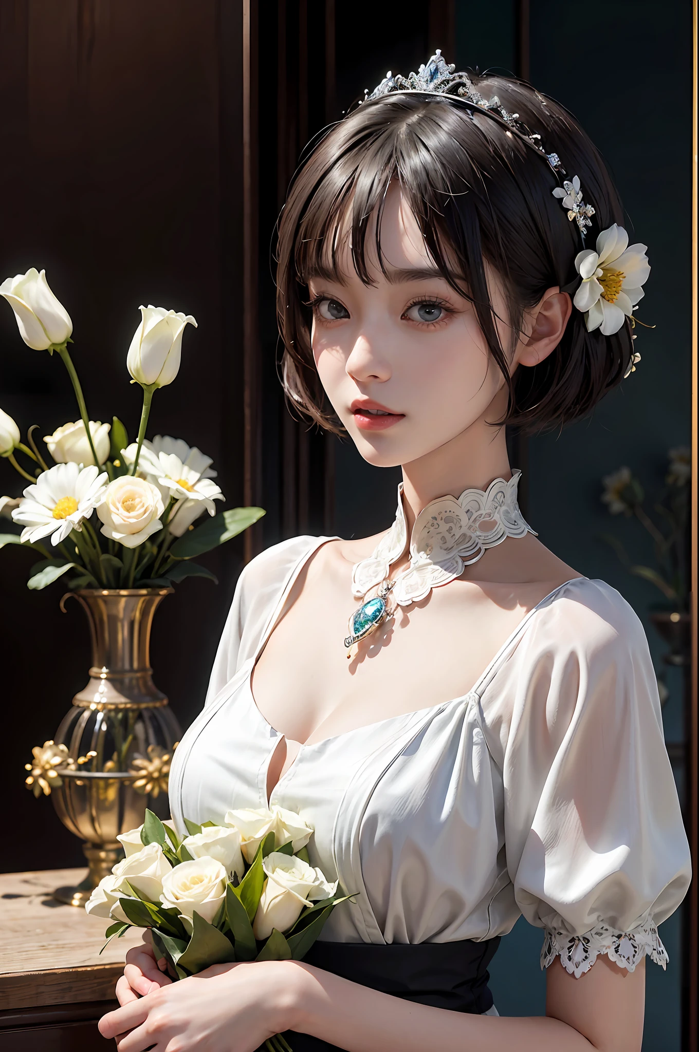 masterpiece, 1 beautiful girls, (((very_short_hair))), Eye details, Swollen eyes, Top image quality, 超A high resolution, (Realistis: 1.4), OriginalPhotographs, 1Girl, Cinematographic lighting, japanes, Asian Beauty, Korean, very beautif, Beautiful skins, thin, (A hyper-realistic), (hight resolution), (8 K), (ighly detailed), (The best illustrations), (beautifully detailed eyes), (ultra-detailliert), A detailed face, see the beholder, Facing straight ahead, Neat Clothing, shorth hair、A dark-haired、46-point diagonal bangs、Interior background of luxury hotel、flower arrangement、vases、Neat and clean