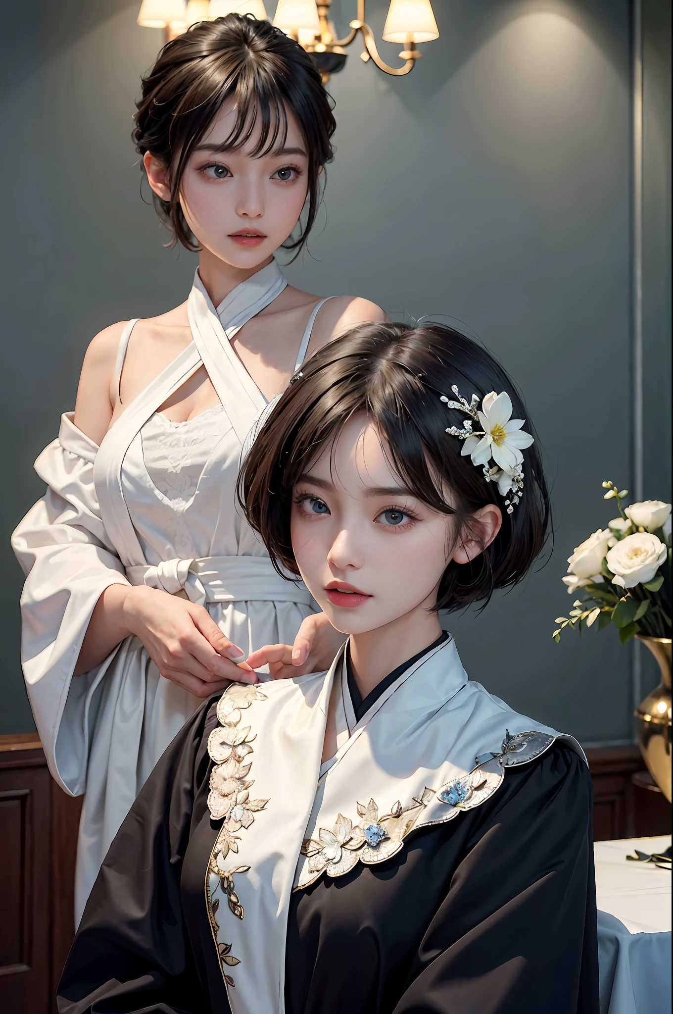 ​masterpiece, 1 beautiful girls, (((very_short_hair))), Eye details, Swollen eyes, Top image quality, 超A high resolution, (Realistis: 1.4), OriginalPhotographs, 1Girl, Cinematographic lighting, japanes, Asian Beauty, Korean, very beautif, Beautiful skins, thin,  (A hyper-realistic), (hight resolution), (8 K), (ighly detailed), (The best illustrations), (beautifully detailed eyes), (ultra-detailliert), A detailed face, see the beholder, Facing straight ahead, Neat Clothing, shorth hair、A dark-haired、46-point diagonal bangs、Interior background of luxury hotel、flower arrangement、vases、Neat and clean