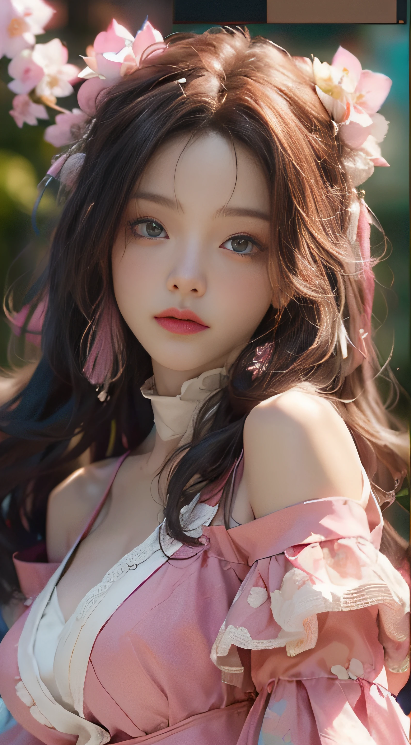 （（best qualtiy））， （（tmasterpiece））， （Detail：1.4）， 3D， Beautiful cyberpunk female images，hdr（HighDynamicRange），Ray traching，NVIDIA RTX，Hyper-Resolution，illusory 5，sub surface scattering，PBR textures，post-proces，Anisotropy Filtering，depth of fields，maximum definition and sharpness，Many-Layer Textures，Albedo e mapas Speculares，Surface Coloring，Mitsu-Accurate simulation of material interactions，perfectly proportioned，rendering by octane，Two-colored light，largeaperture，Low ISO，White balance，Rule three points、8K raw data、Beautiful bright blue pupils，off-the-shoulder clothes，Fine pupils，Delicate face and eyes，long eyelasher，Blushlush，Delicate and fluffy hair，pink lip，Pure，cute big breasts，Sweet girl，Artistic sense，Casual wear，Advancedsense，butterflys，Cherry blossom petal，Beautiful hair accessories，Long hair and waist，Hair fluttering in the wind
