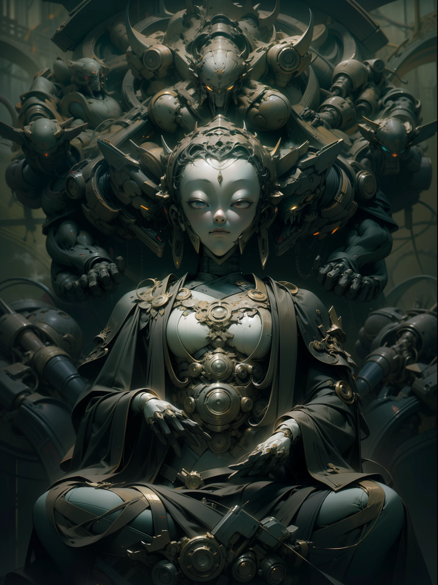 (((Masterpiece))),(((Best quality))),(((Amazing detail))),((illustration)),((A high resolution)),((8K)),Buddha,Buddha nimbus,Buddhist backlight,eyes closed,chiaroscuro,cyberpunk,mecha,metal material,neon light,pov,from below,dark fantasy,Black atmosphere,overcast,realistic,Photorealistic painting art,Rich texture,complex headwear,the whole body,full body,gear background,steam,