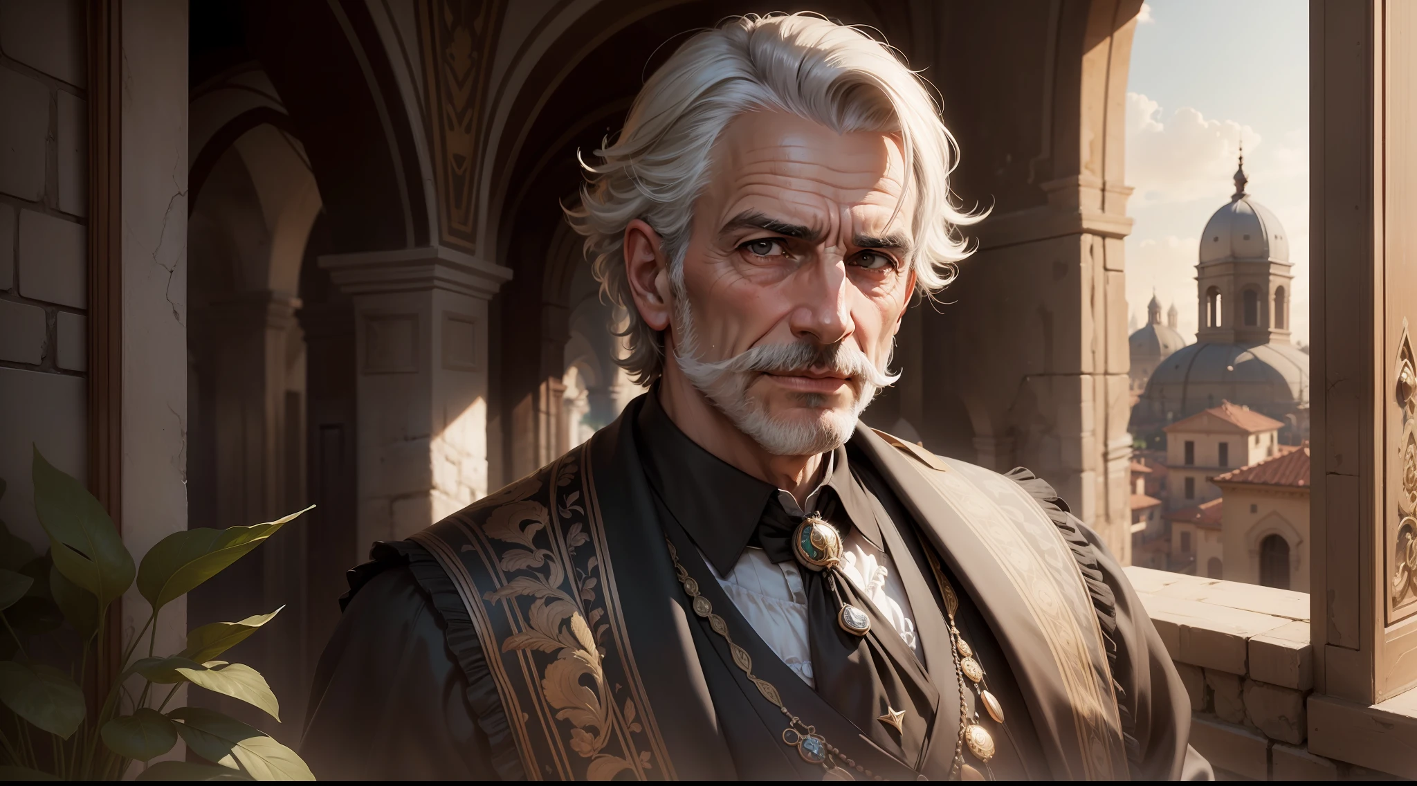 a portrait of a pensative seryously italian man in a rovine romane, maximalist details, photorealistic, 8k