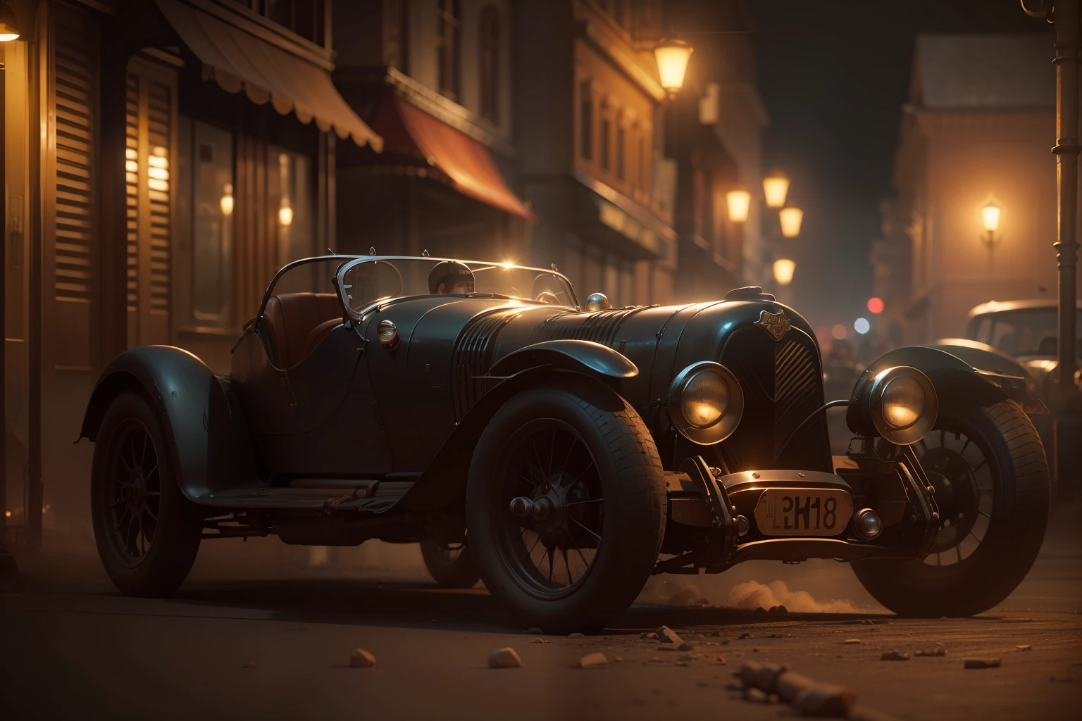 "C:\Users\Jomar Machado\OneDriveDesktop\VINTAGE RACE CARS\SIMPLE VINTAGE RACE CAR.jpg", steampunk city, dark atmosphere, nightfall, cinema photography, warm colours, keep the car faithfull to the original, 8K