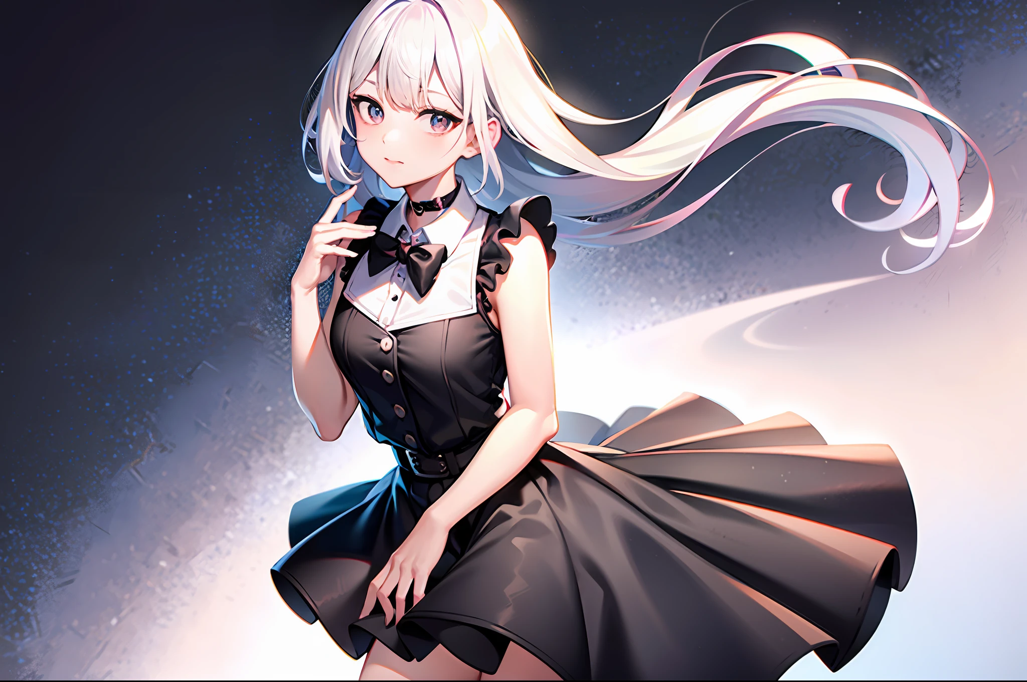 best quality, ultra high res, 1girl, sleeveless white button shirt, black skirt, black choker, cute, (Kpop idol), (aegyo sal:1), (platinum blonde hair:1), ((puffy eyes)), looking at viewer, full body, facing front