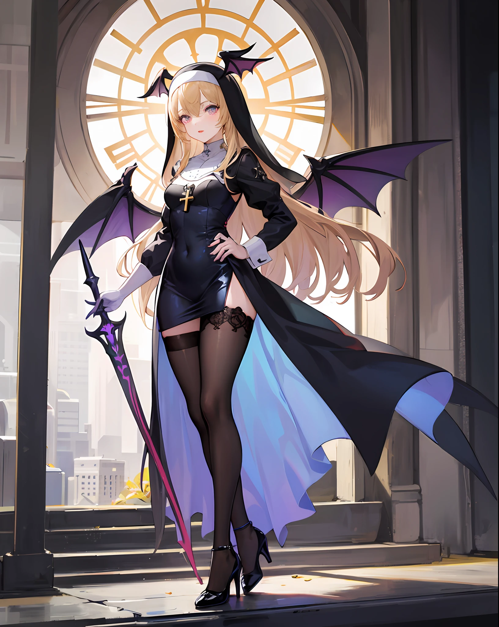 1girll，，Wings，
exteriors，the street，view over city，Demon tail，
Place your left hand on your chest，venom symbiote，venomize，natta，high-heels，Violet blue clothes，Black and white high heels，Pattern，decor，Golden hair，Brown hair，lewd nun，frilld，Lace trim，Clothing style, Clothing prints，Bangs trimmed，The wand rested between his thighs，Translucent skirt，standing on your feet，eyes glowing，Raised sexy，lipsticks，art-deco，Venom clothes，Cross stickers，Rune stockings，bunnygirl，With holy sword