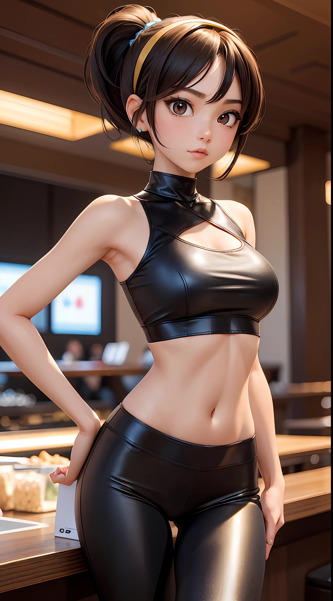 ((Masterpiece)), best quality, absurderes, ultra detailed, holographic, cowboy shot, dynamic pose, golden ratio, super cute girl, mature girl, extremely beautiful, super beautiful asian girl with super beautiful brown shiny eyes, super petite and sexy body, super beautiful legs, super beautiful brown multicolored short hair, high ponytail, shiny and super beautiful skin, nice and sexy body, slim and delicate body, perfect body, wearing a super tight black short sleeve crop top, bare shoulders, super tight translucid black leggings, hot panties, fox hairband, being photographed in a popular kawaii food court