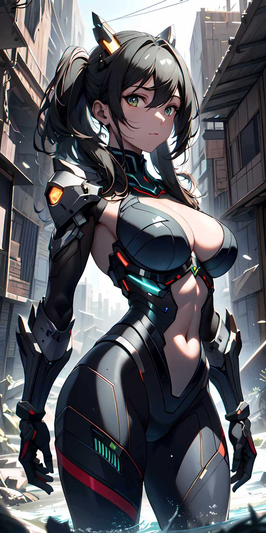 ((best qualtiy)), ((tmasterpiece)), (The is very detailed:1.3), 3D, Shitu-mecha, Beautiful cyberpunk woman with her mech in the ruins of the city of the forgotten war, Ancient Techniques, HDR(HighDynamicRange), Ray traching, NVIDIA RTX, Hyper-Resolution, Unreal 5, sub surface scattering, PBR Texture, post-proces, Anisotropic filtering, depth of fields, Maximum clarity and sharpness, Many-Layer Textures, Albedo e mapas Speculares, Surface Coloring,Accurately simulate light-material interactions,perfectly proportions,rendering by octane,twotonelighting,Low ISO,White balance,trichotomy,Wide aperture,8K RAW,High-Efficiency Sub-Pixel,sub-pixel convolution,Luminous Particle,Light scattering,Tyndall effect,The 5 fingers of each hand are super detailed,
