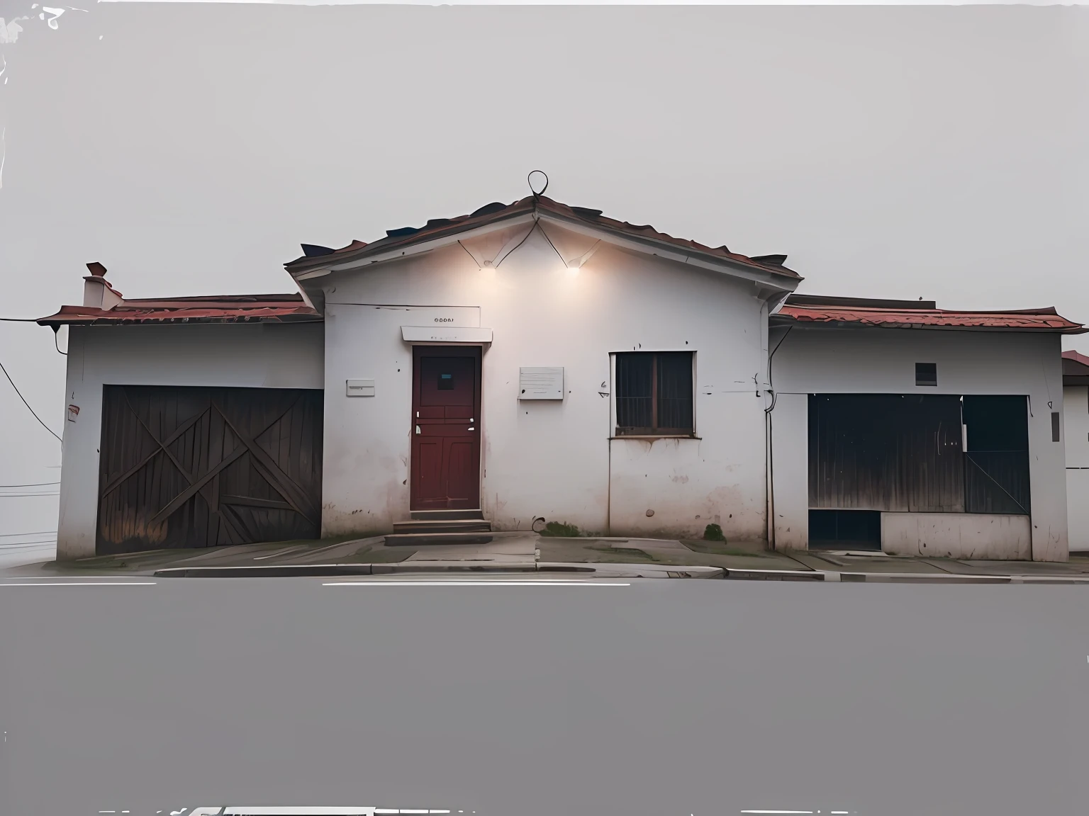 There is a white house with a red roof and a red roof, imagem frontal, Vista frontal, vista frontal, casa completa, vista exterior, vista externa, Frente, imagem central, uma casa, visto de fora, Front view, old building, building facing, Vista frontal, casa velha, foto frontal, Frontal, Villa Interdimensional, imagem real