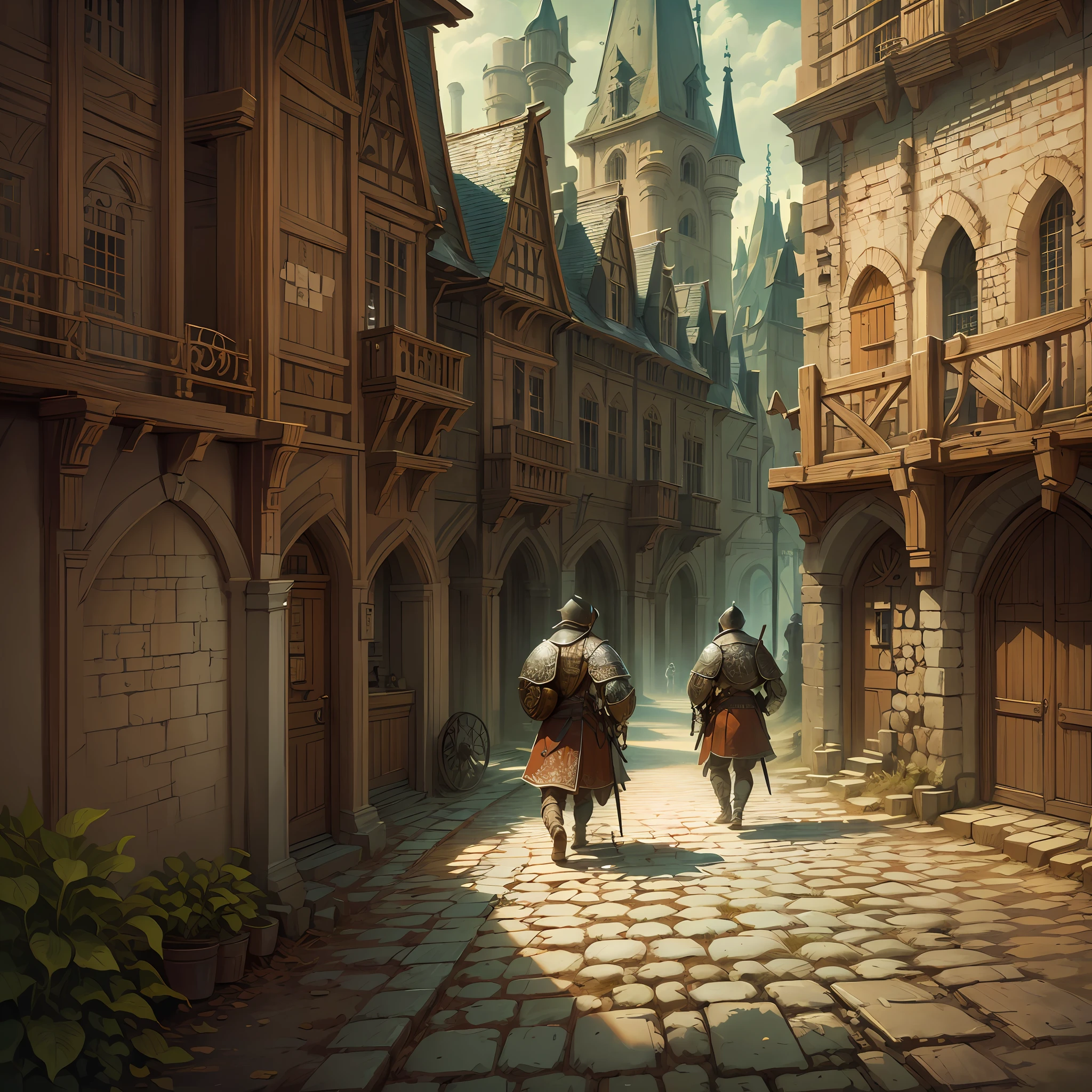 Beautiful illustration of a medieval castle, medieval soldiers walking the streets, detailed, intricate.