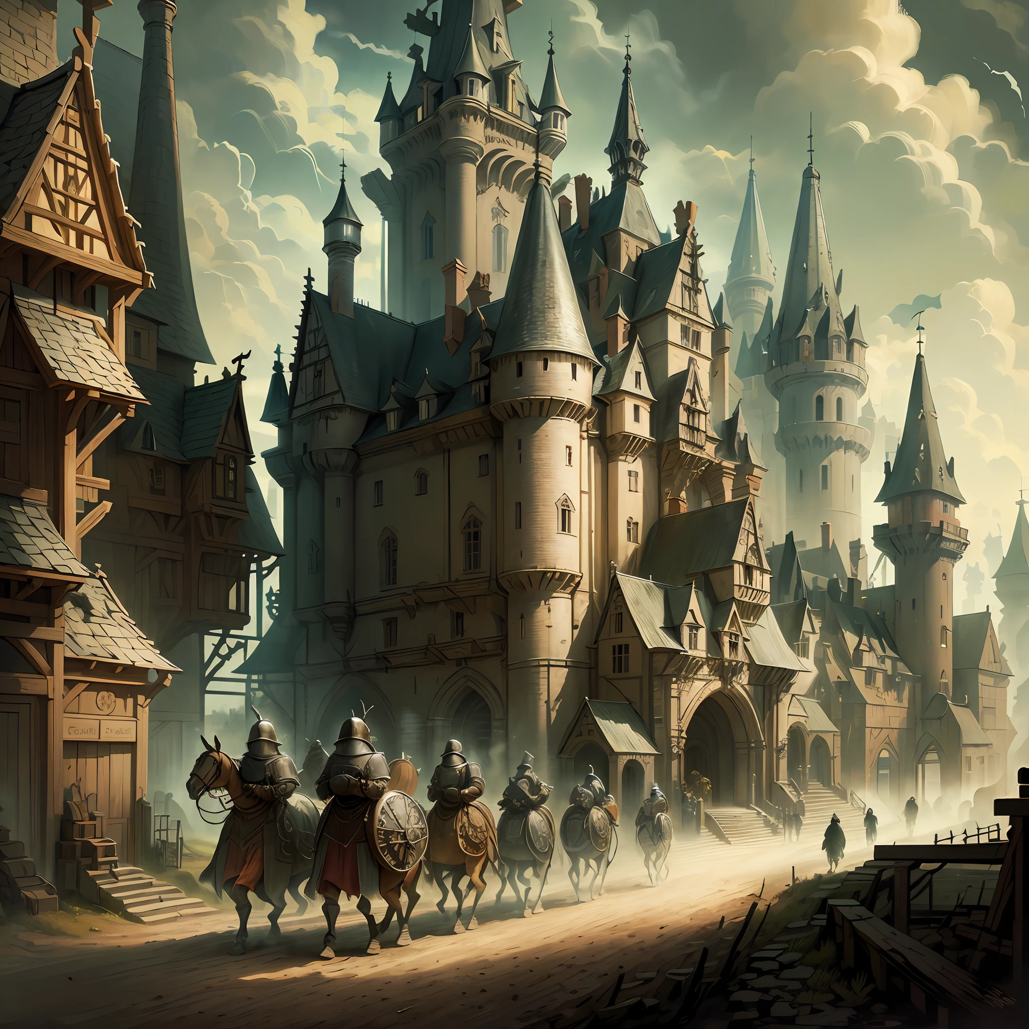 Beautiful illustration of a medieval castle, medieval soldiers walking the streets, detailed, intricate.