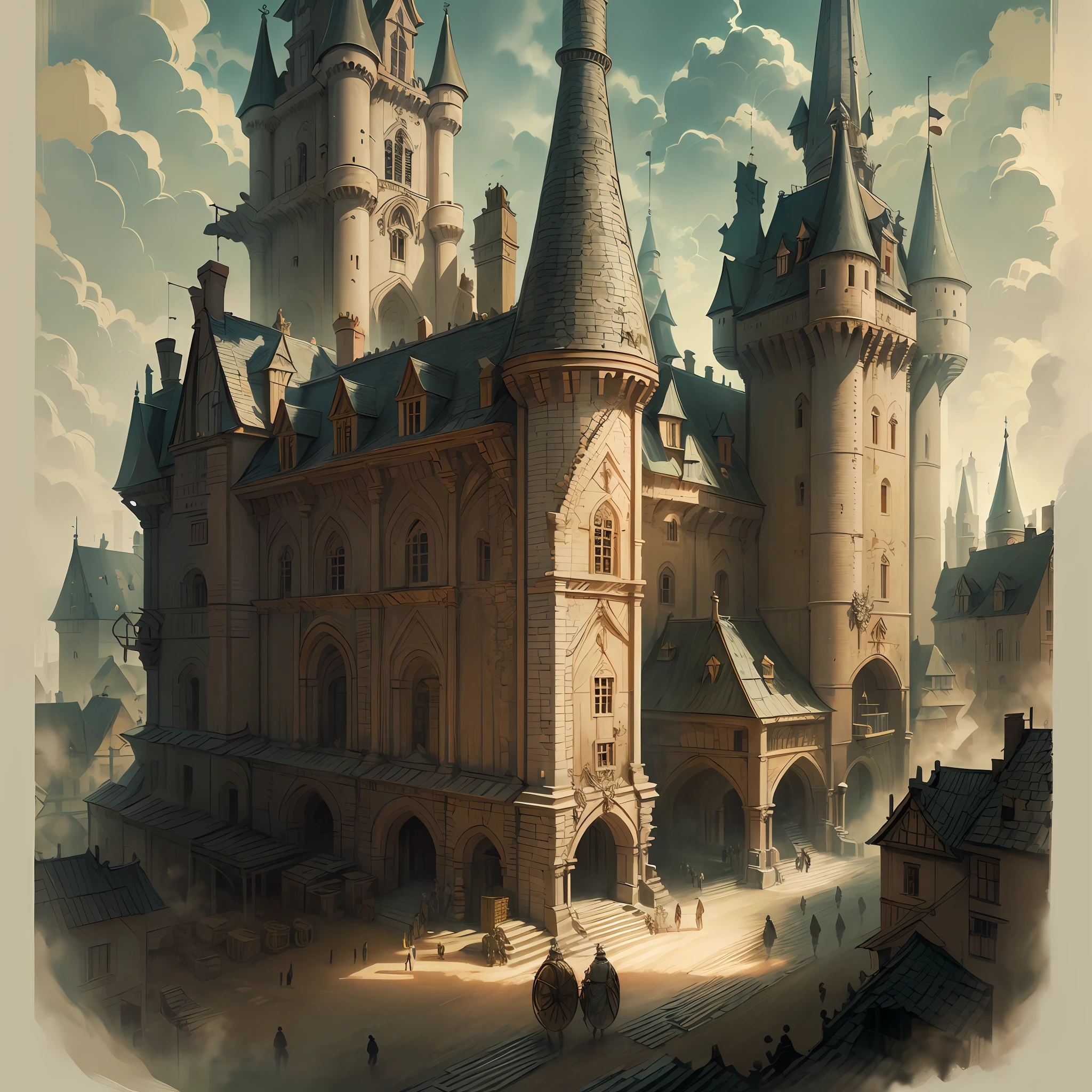 Beautiful illustration of a medieval castle, medieval soldiers walking the streets, detailed, intricate.