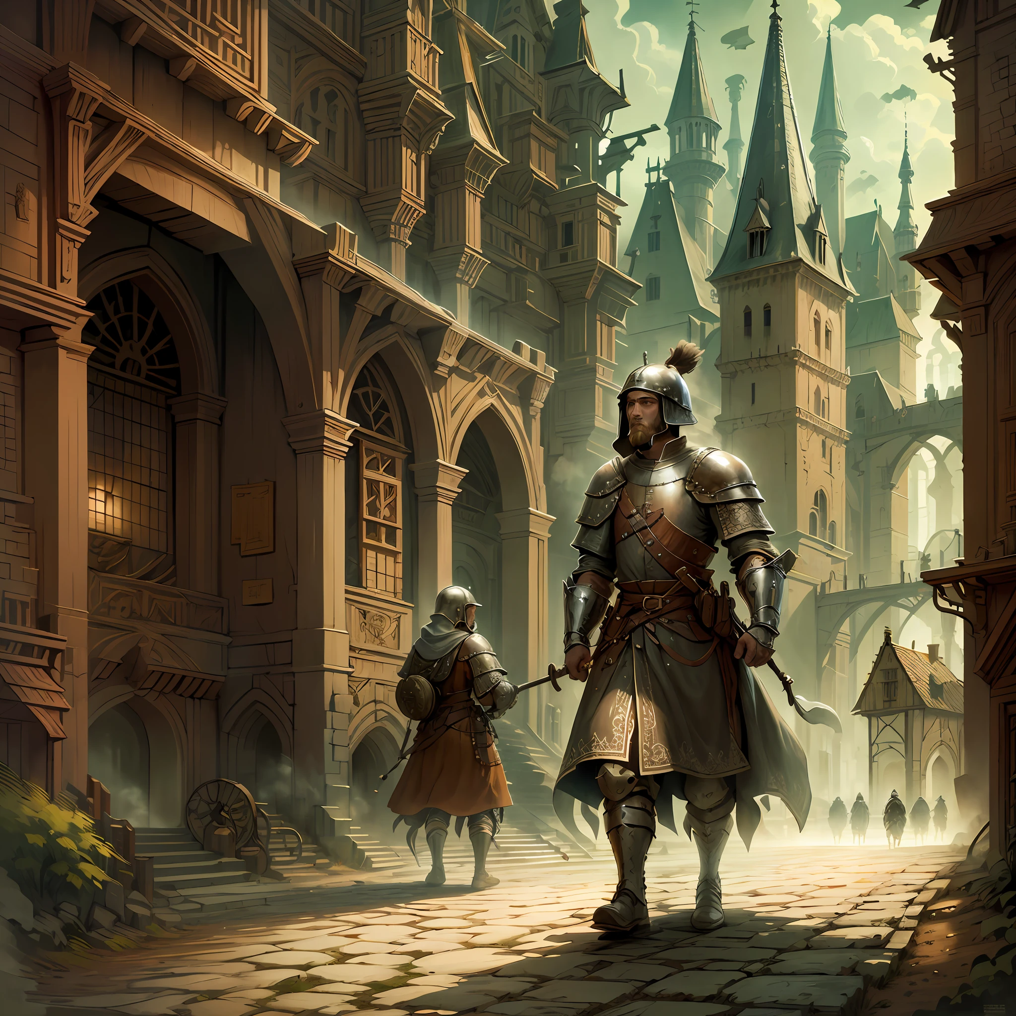 Beautiful illustration of a medieval castle, medieval soldiers walking the streets, detailed, intricate.