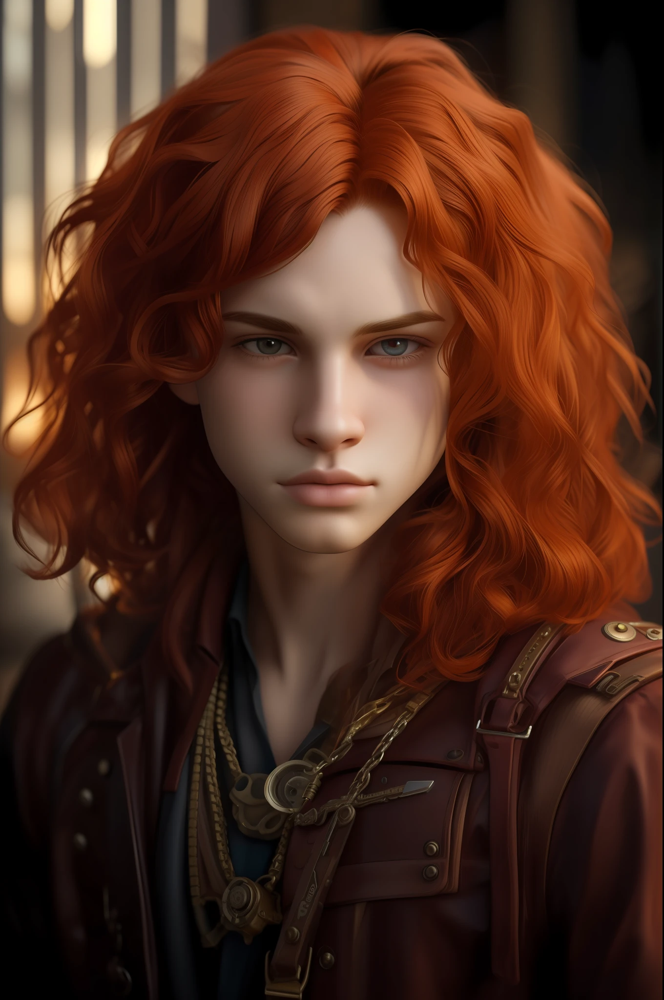 Menino novo com cabelo vermelho ondulado bem definido, menino adolescente, alto estilo steampunk, rosto masculino delicado, 8k, (insanamente detalhado:1.5), tiro de corpo inteiro, 20 megapixels, Canon EOS R3, pele detalhada, pale skin