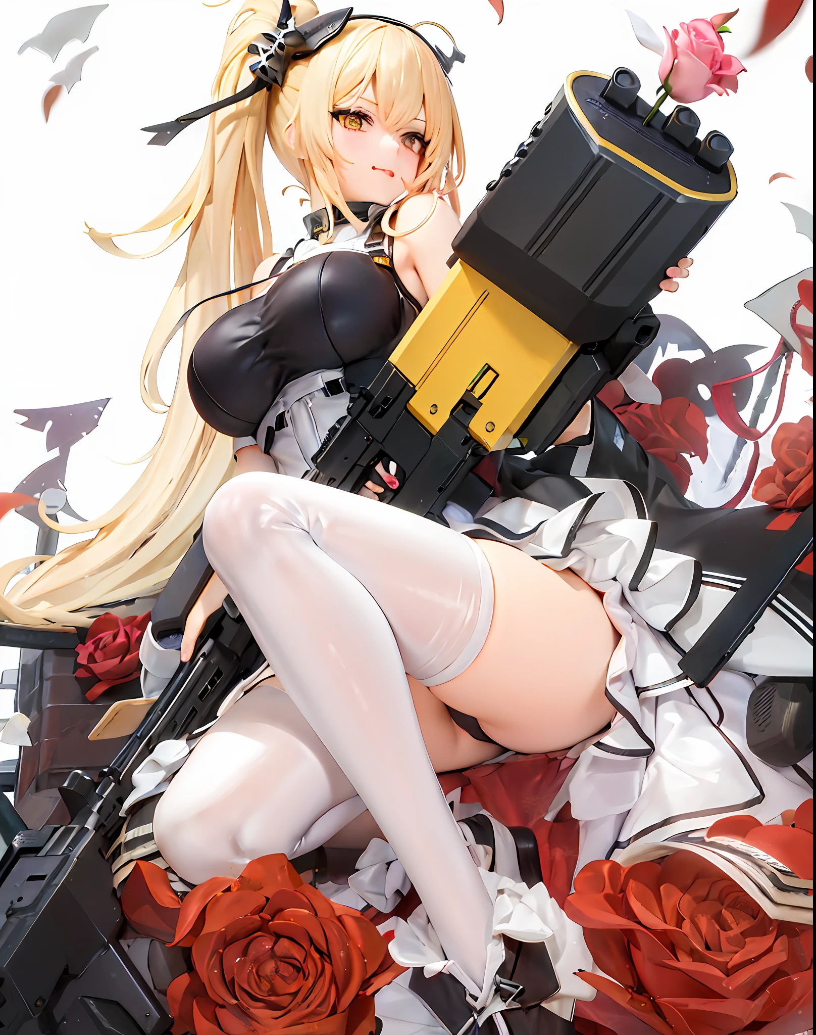 Anime girl with gun and rose in hand, Fine details. Girl front, m4 sopmod ii girls frontline, from girls frontline, girls frontline style, mechanized soldier girl, girls frontline universe, Girls Frontline CG, Girl front, anime machine gun fire, azur lane style, A scene from the《azur lane》videogame, Badass anime 8,