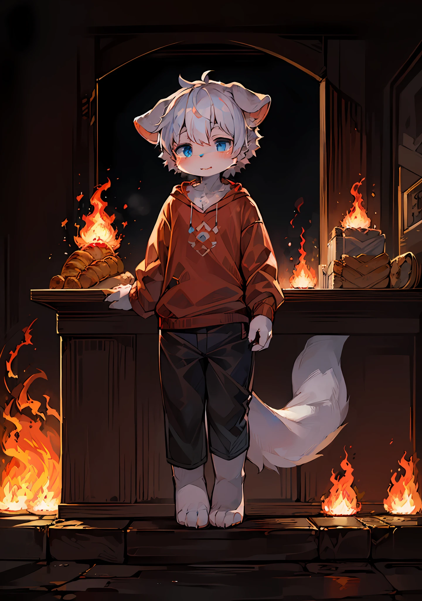 masterpiece, high quality, absurd res, digital painting \(artwork\), by dagasi, yupa,kiyosan,(fluffy fur,White fur, full body fur,croissant,Collie pattern:1.2),anthro male cat. blue eyes, bright eyes,panorama,character focus.detailed background,(clothingon fire,whole body on fire:1.3),(clothing,hair on fire:1.2)