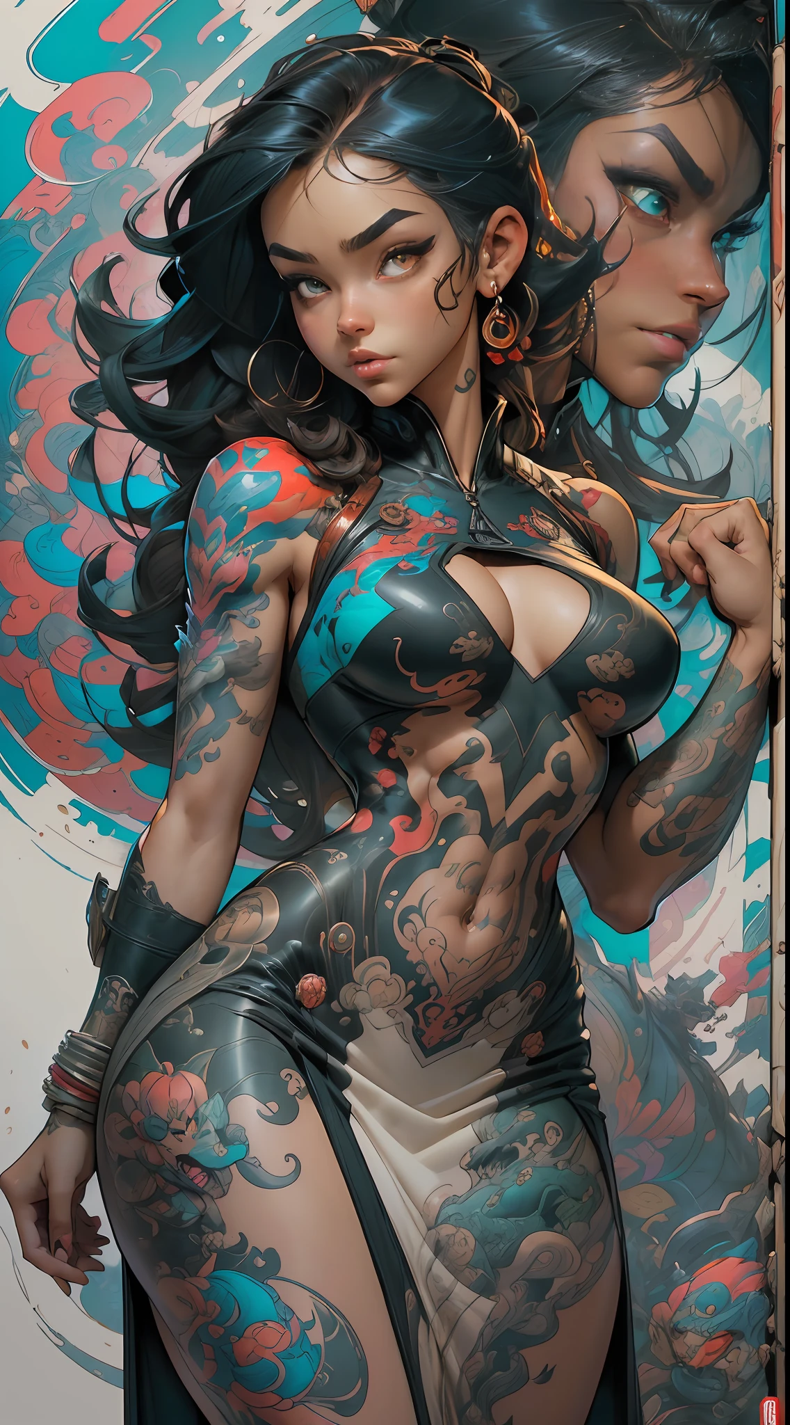 ::  comix style joe madureira ::2.9   style ::2.0 comix illustration style ,digital illustration of beautiful female character in toh-yasu drawing style illustrator, anime style, body with futuristic tribal tattoo style designs in dragon shape, serious face and ultra detailed artwork, graffiti style destroyed city scenery with camera focus, (beautiful and clear background:1.2),corpo inteiro perfeito, silhueta esbelta, coxas grossas, voluptuoso, agitado, Thick curvilinear;, (roupas puffer power: 1.2), Grafite 3D, abstrair, Linhas, background circles ,((joe madureira ::2.0 comix illustration style, Estilo Tatoon , Comic book style, Camila Bernal mulher bonita com cabelo longo ultra detalhado,  beautiful woman )), ( detailed eyes and detailed face:1.3), (t-shirt or dress:1.3), (beautiful and clear background:1.2), (extremely detailed, ultra-detailed, best shadow:1.1),bare shoulders, flowers and petals,  , (white background:0.5), (illustration :1.1), (extremely fine and beautiful girl:1.1), (perfect details:1.1)