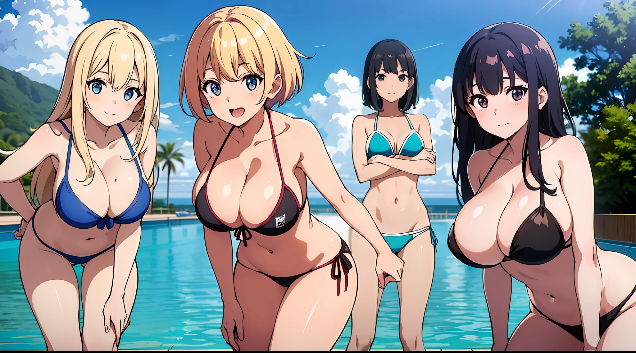 Pool Party, look at viewr, Multiple girls, in group photograph, lineup, harems, High School Girls, 3女の子, maikurobikini, Huge perfect breasts, Leaning forward, Cowboy Shot, Beach, (Best Quality, 8K, 32K, masutepiece:1.2),