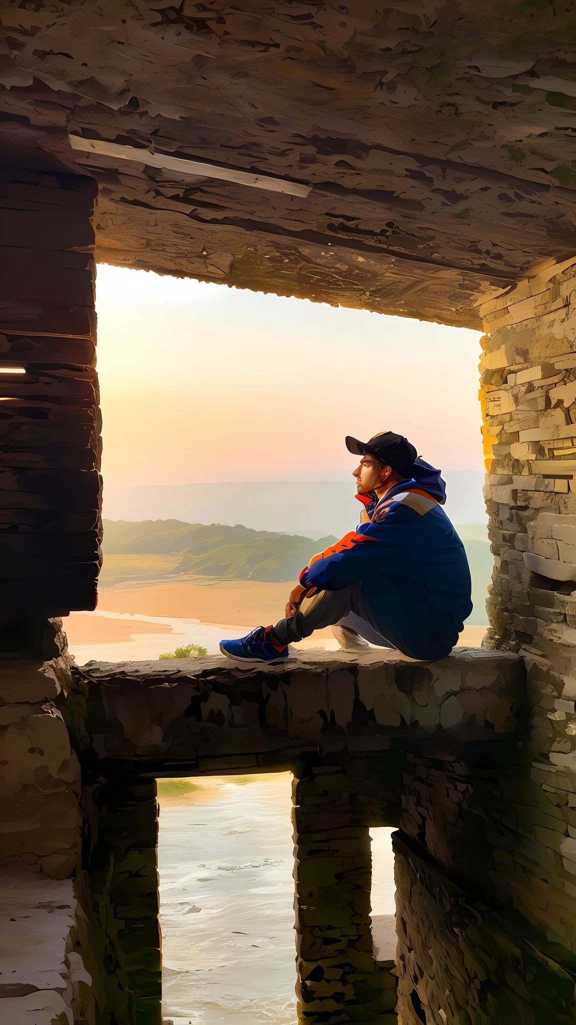 Homem sentado em uma parede de pedra com vista para um lago, sentado em um castelo, Looking at a sunset, olhando para fora, looking at sunset, olhando pela janela, tempo de frio. boa vista, watching the sunset, looking at sunset, olhando para fora, olhando pela janela, olhando pela janela, Olhando para o horizonte, lost in thought