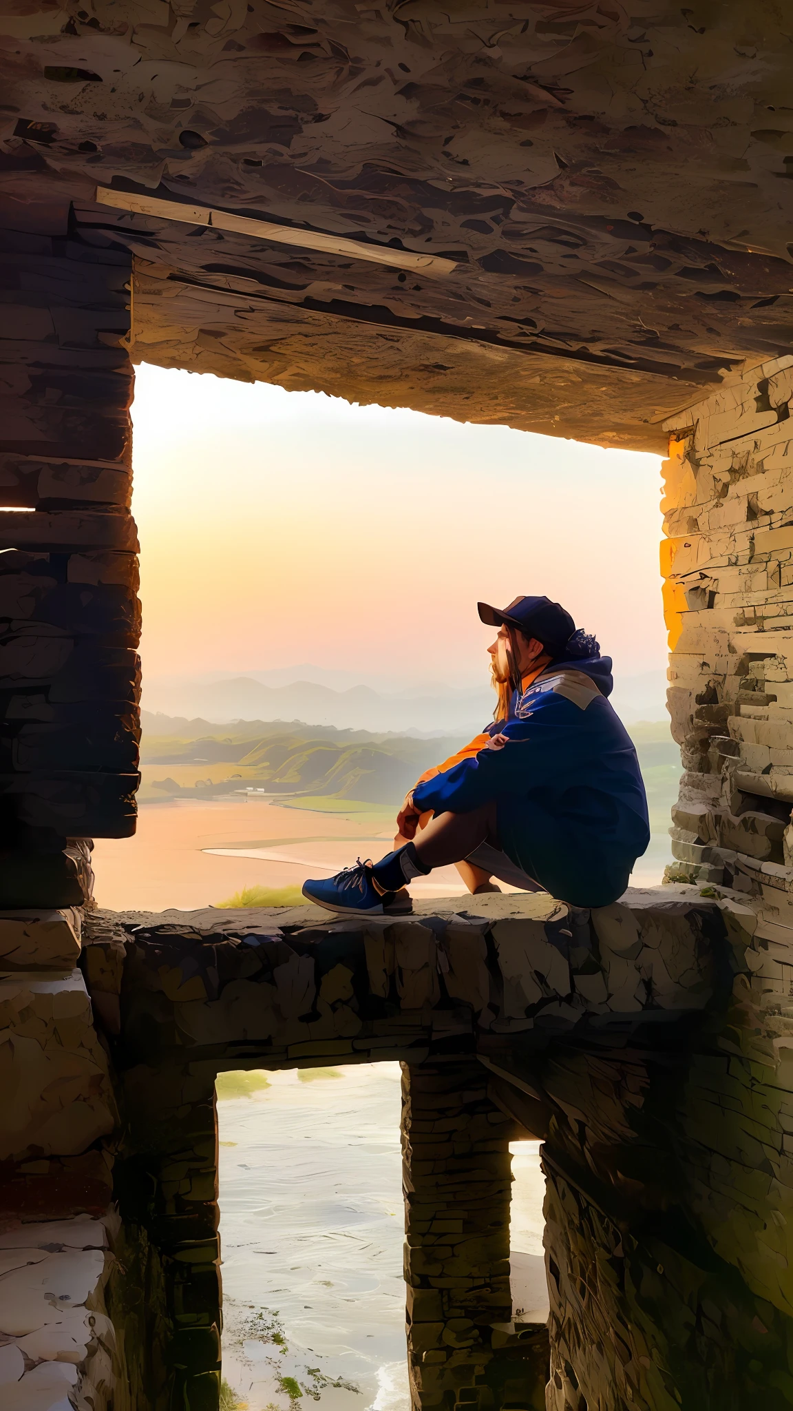 Homem sentado em uma parede de pedra com vista para um lago, sentado em um castelo, Looking at a sunset, olhando para fora, looking at sunset, olhando pela janela, tempo de frio. boa vista, watching the sunset, looking at sunset, olhando para fora, olhando pela janela, olhando pela janela, Olhando para o horizonte, lost in thought