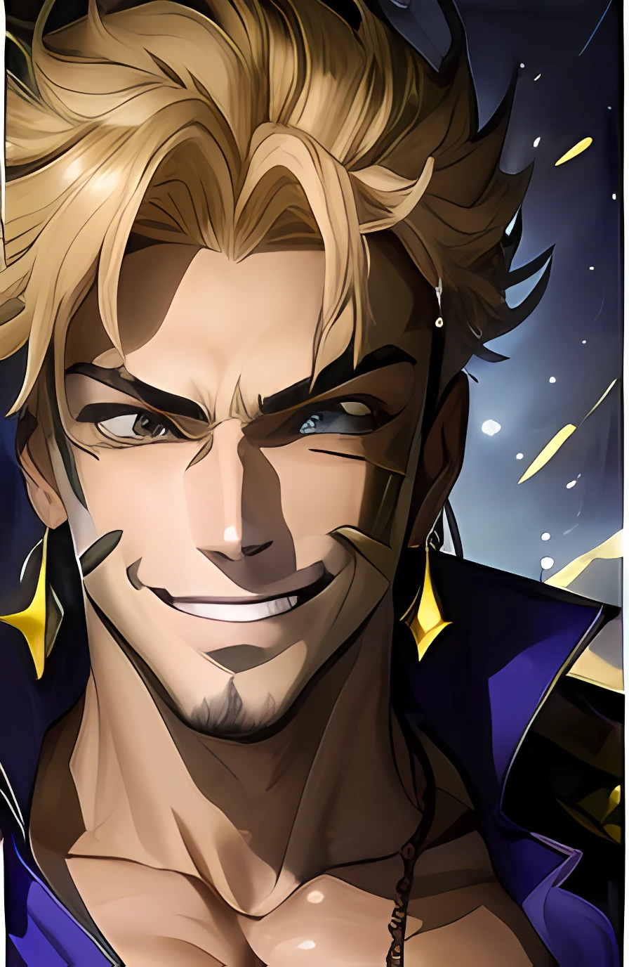 Un primer plano de un hombre sonriente con una espada en la mano, joseph joestar, Parte Brando, Platino estrella, en Jojo\'s bizarre adventure, dio, giorno giovanna, Saint Seiya, Estilo anime Jojo, Sonrisa nefasta, Furio Tetesschi, Gilgamesh, Jojo, Closeup!!!!!!, roguish smirk