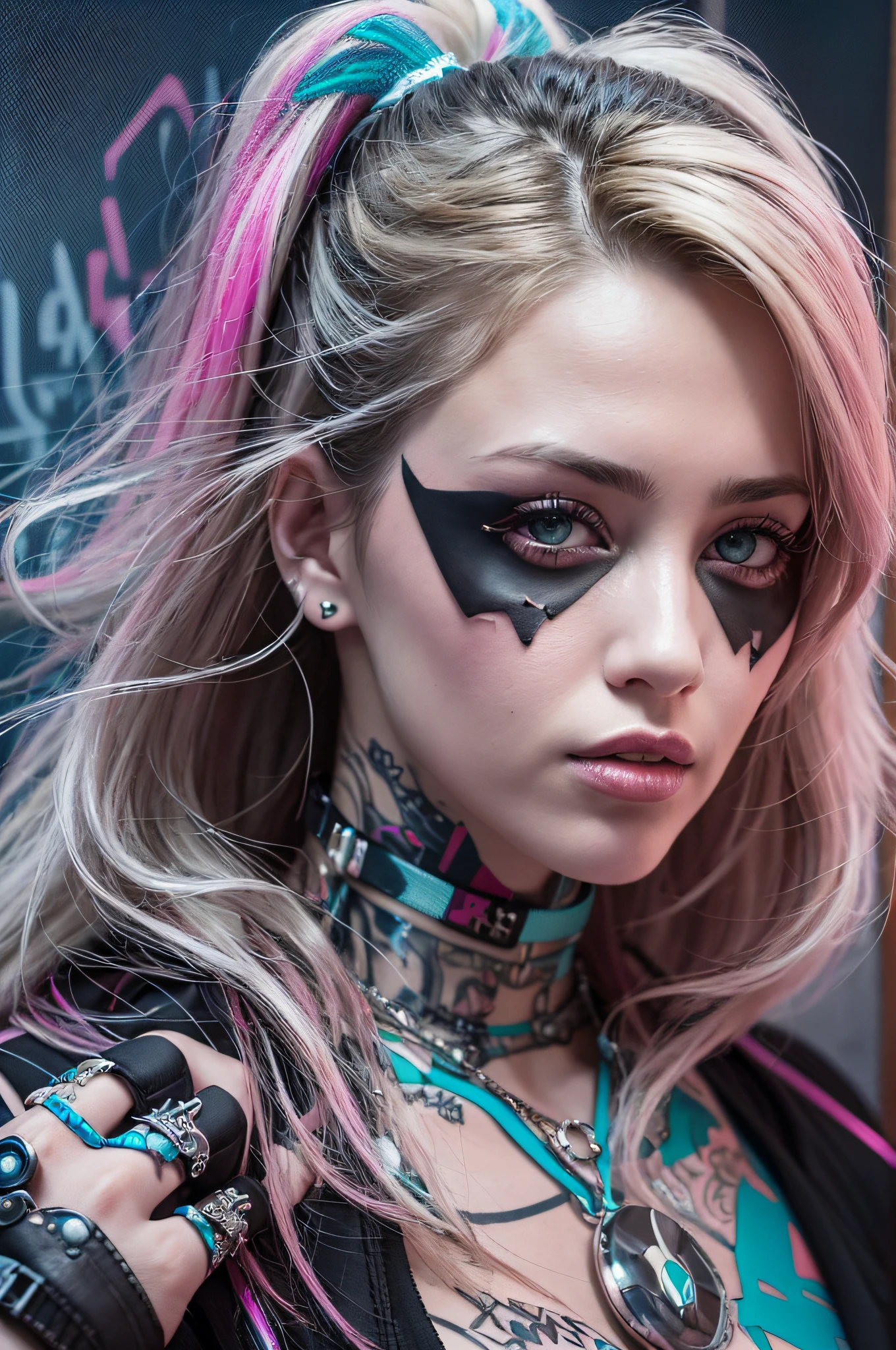 there is a woman with tattoos on her body posing for a picture, hyper-realistic cyberpunk style, cyberpunk angry gorgeous goddess, cyberpunk style ， hyperrealistic, cyberpunk 2 0 y. o model girl, cyberpunk art style, cyberpunk art ultrarealistic 8k, cyberpunk girl, cyberpunk beautiful girl, cyberpunk themed art, digital cyberpunk anime art, the cyberpunk girl portrait, cyberpunk digital painting