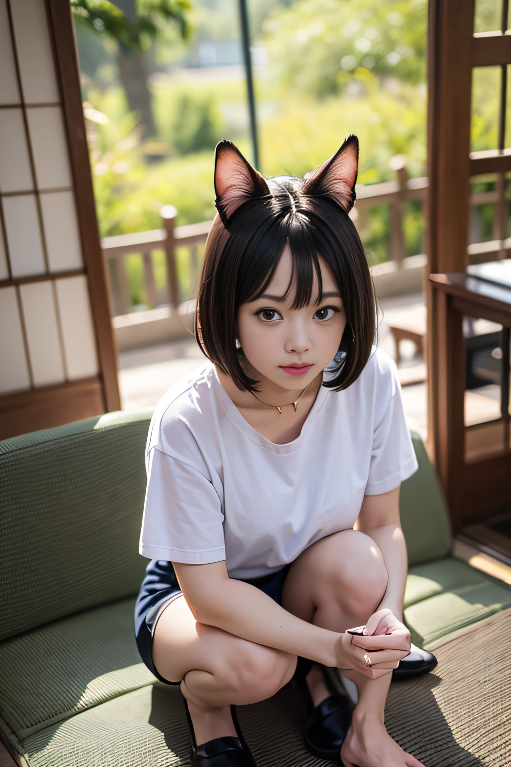 1 rapariga, Whole body, From head to toe,A glimmer of light, Soft lighting, (Focus on character), (foco nítido), (Photorealsitic), top-quality, 超A high resolution, 16k picture quality, Raw photography,
(The perfect female figure), Models in magazines, ((Nekomimi:1.2)),
beautiful countenance, face perfect, (laughingly), Detail Eyes,
(A Japanese Lady:1.2), ((Black hair:1.2)), ((a short bob)),
(A slender), (Realistic Moisture Skin), (25-years old:1.2), BustCcups,
tshirts、Short pants、
crouching down、look up to、livingroom、View here,