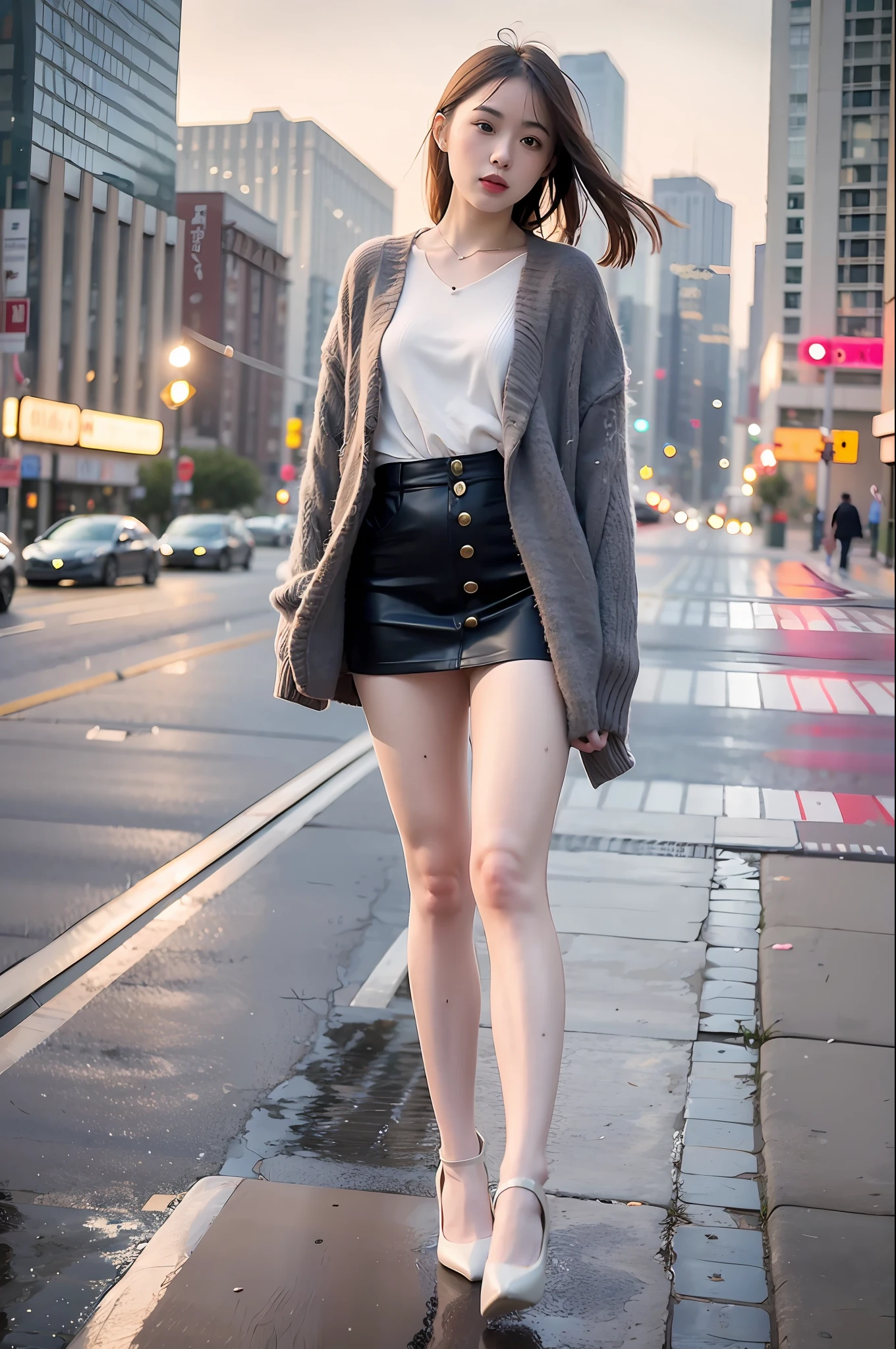 mix4, silk stockings, (8k, RAW photos, best quality, masterpiece: 1.2), (realistic, photorealistic: 1.37), pretty, cityscape, night, rain, wet, professional lighting, photon mapping, radio city, physically based rendering,