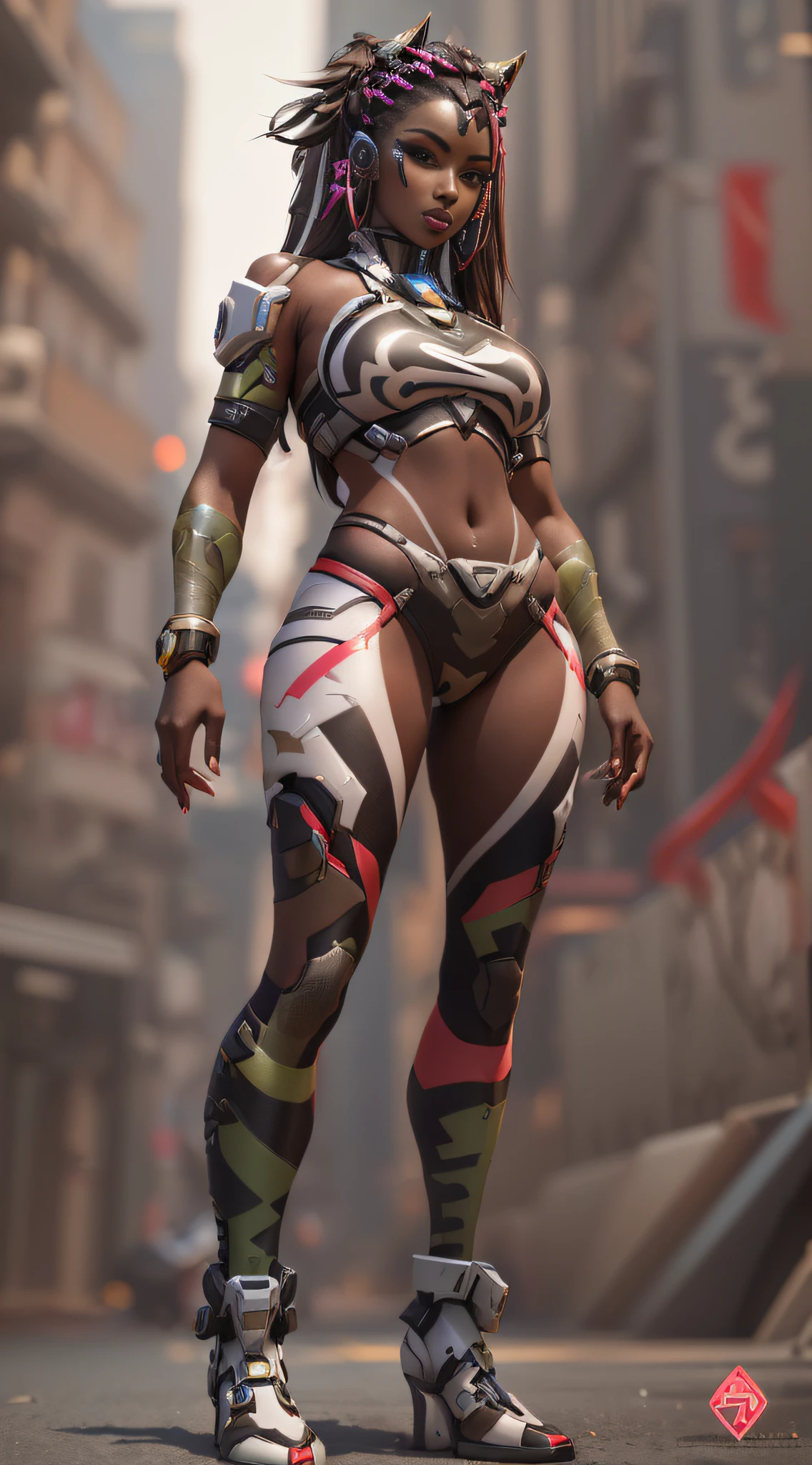 araffe woman in a futuristic outfit posing for a picture, full body shot hyperdetailed, from overwatch, overwatch skin, akali, overwatch inspired, wlop glossy skin, 3 d render character art 8 k, ebony skin, as an overwatch character, as overwatch character, overwatch character, symmetra from overwatch, lucio as a woman, detailed full body concept